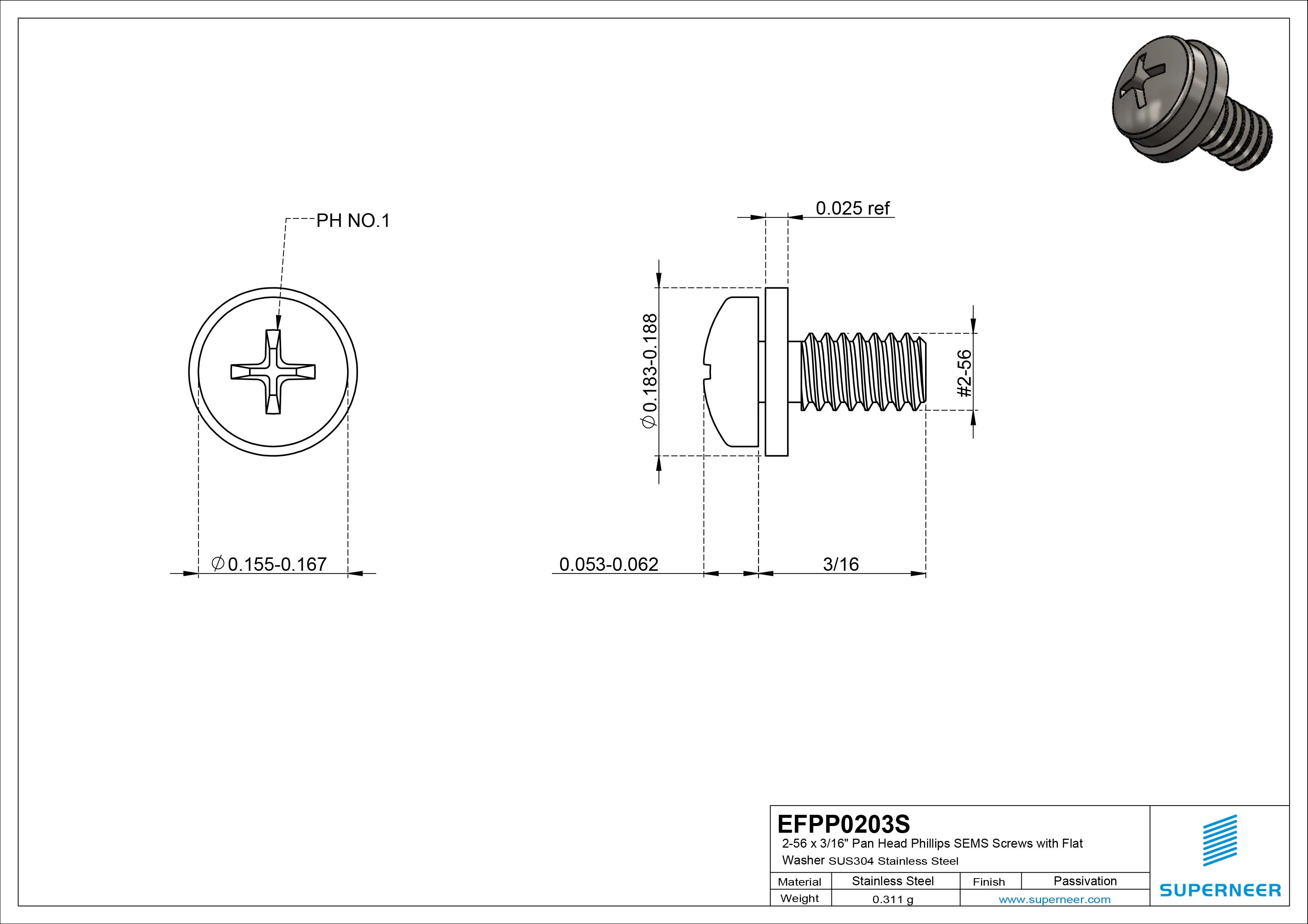 2-56 x 3/16" Pan Head Phillips SEMS Screws with Flat Washer SUS304 Stainless Steel Inox