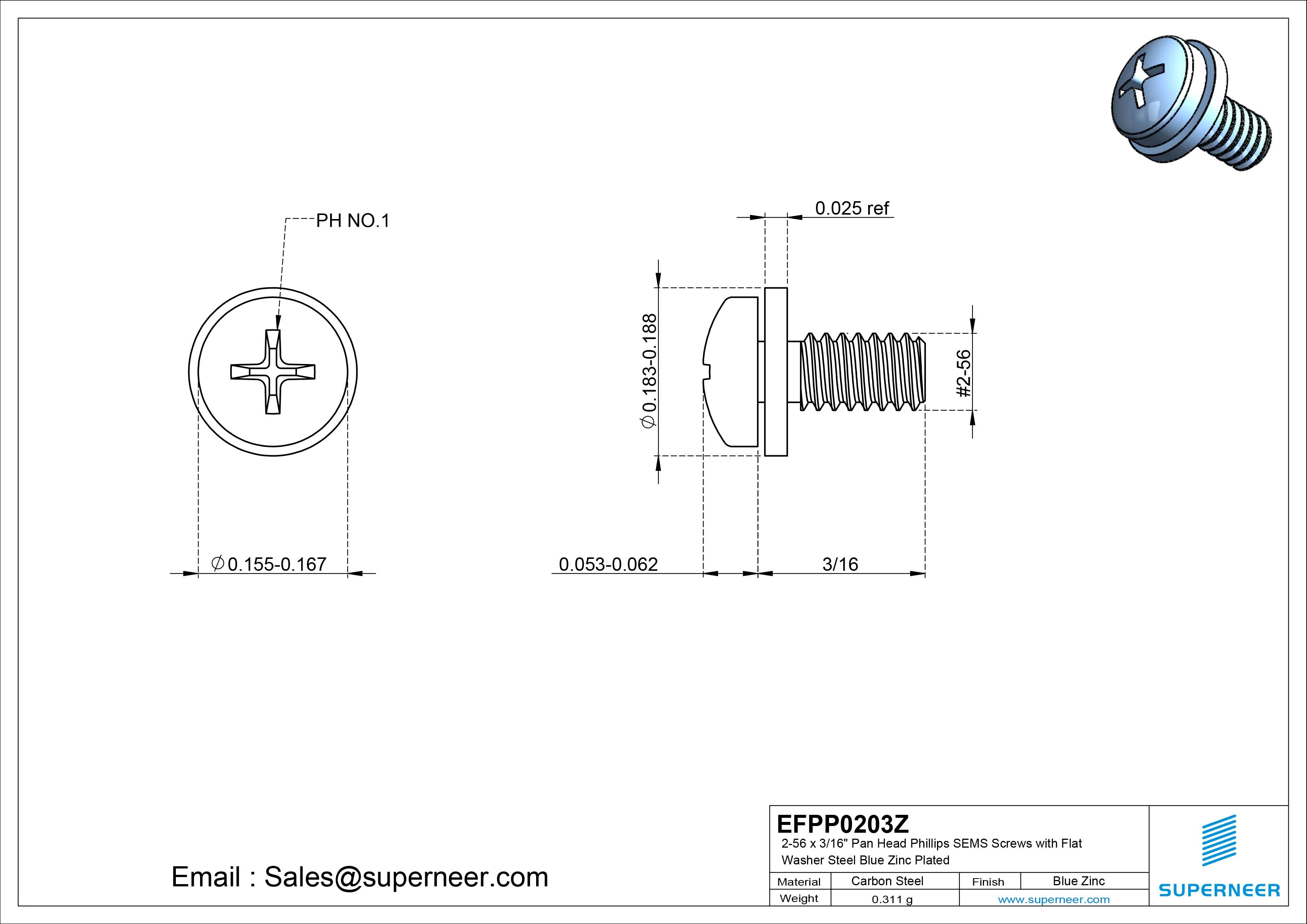 2-56 x 3/16" Pan Head Phillips SEMS Screws with Flat Washer Steel Blue Zinc Plated