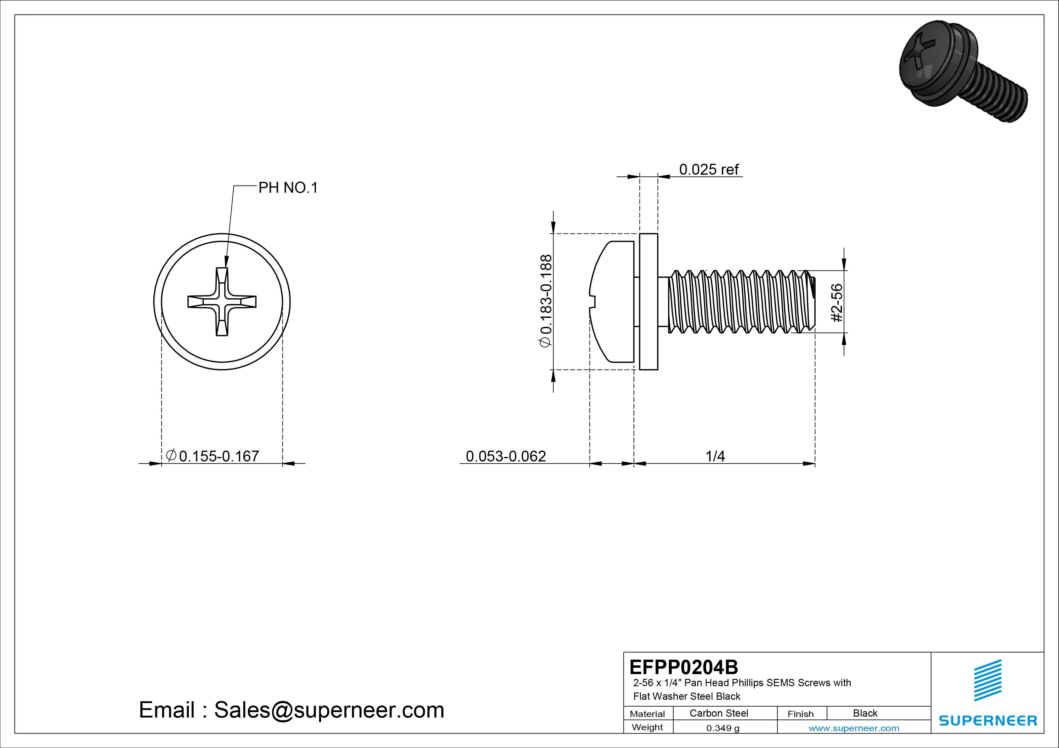 2-56 x 1/4" Pan Head Phillips SEMS Screws with Flat Washer Steel Black