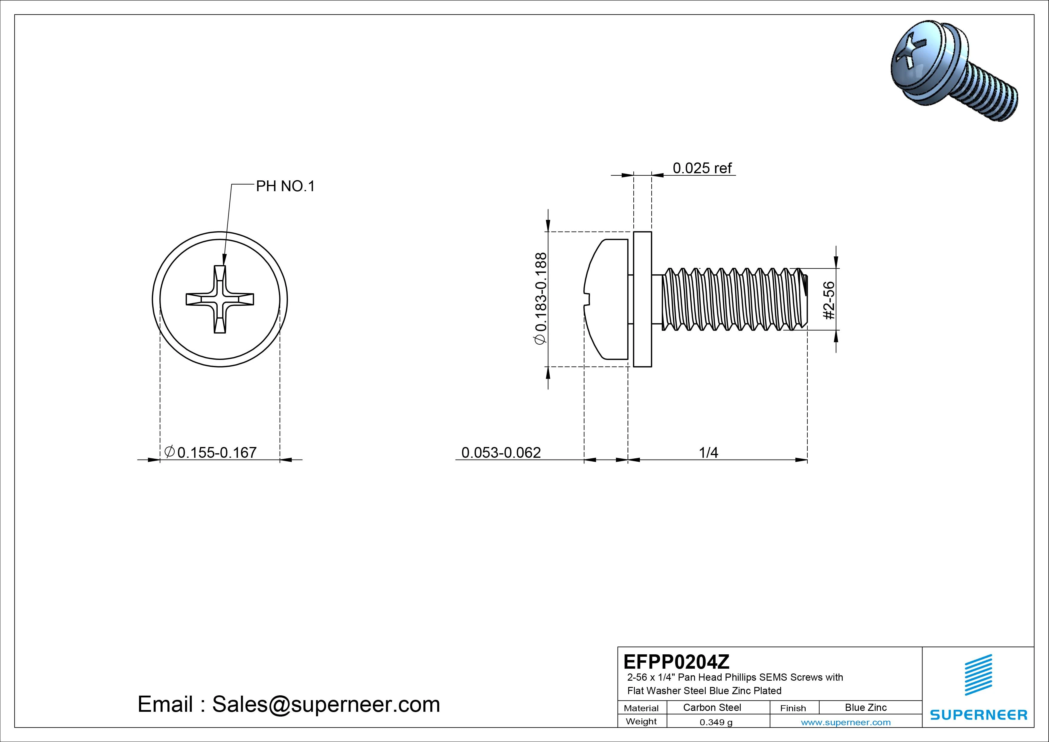 2-56 x 1/4" Pan Head Phillips SEMS Screws with Flat Washer Steel Blue Zinc Plated