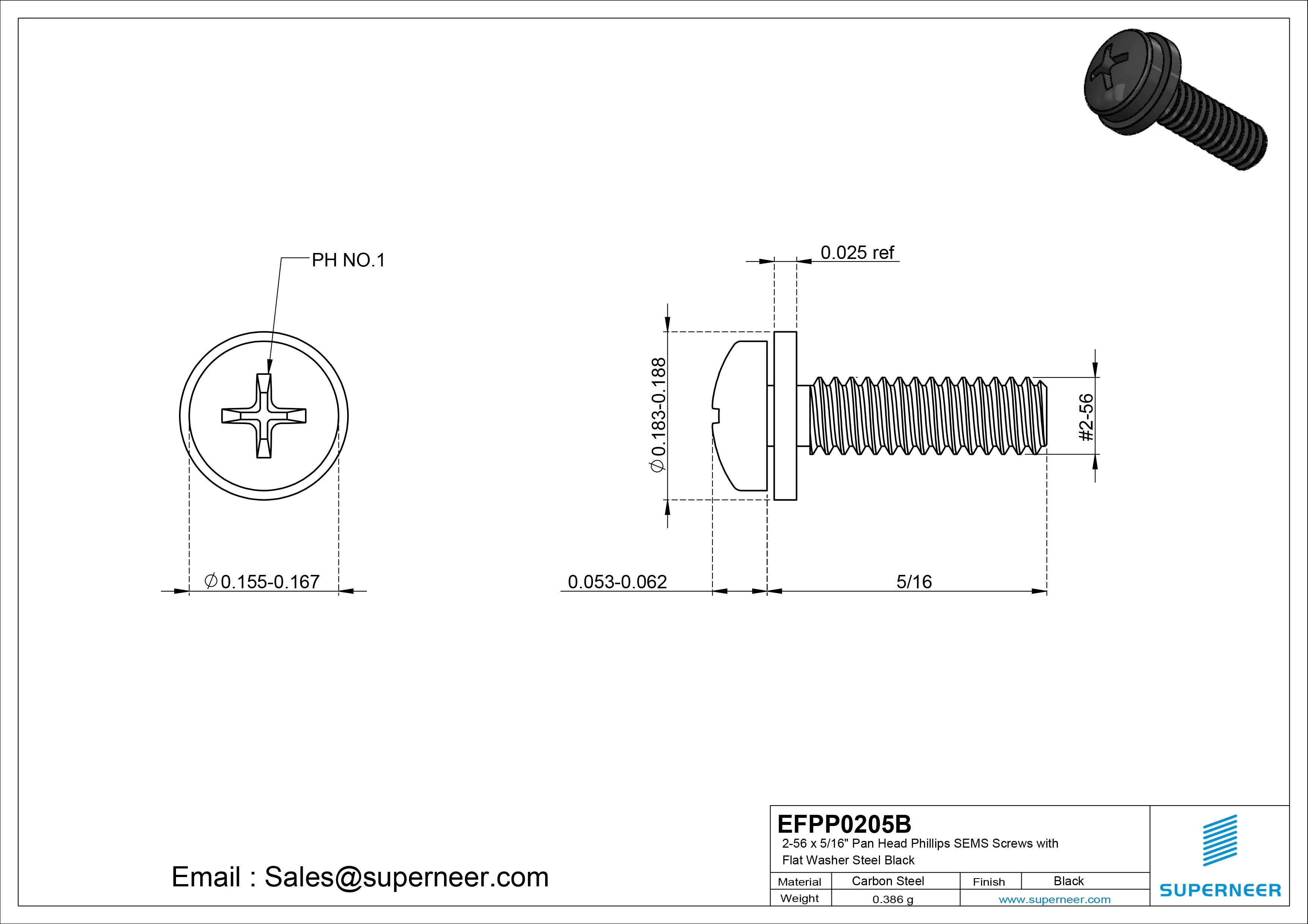 2-56 x 5/16" Pan Head Phillips SEMS Screws with Flat Washer Steel Black