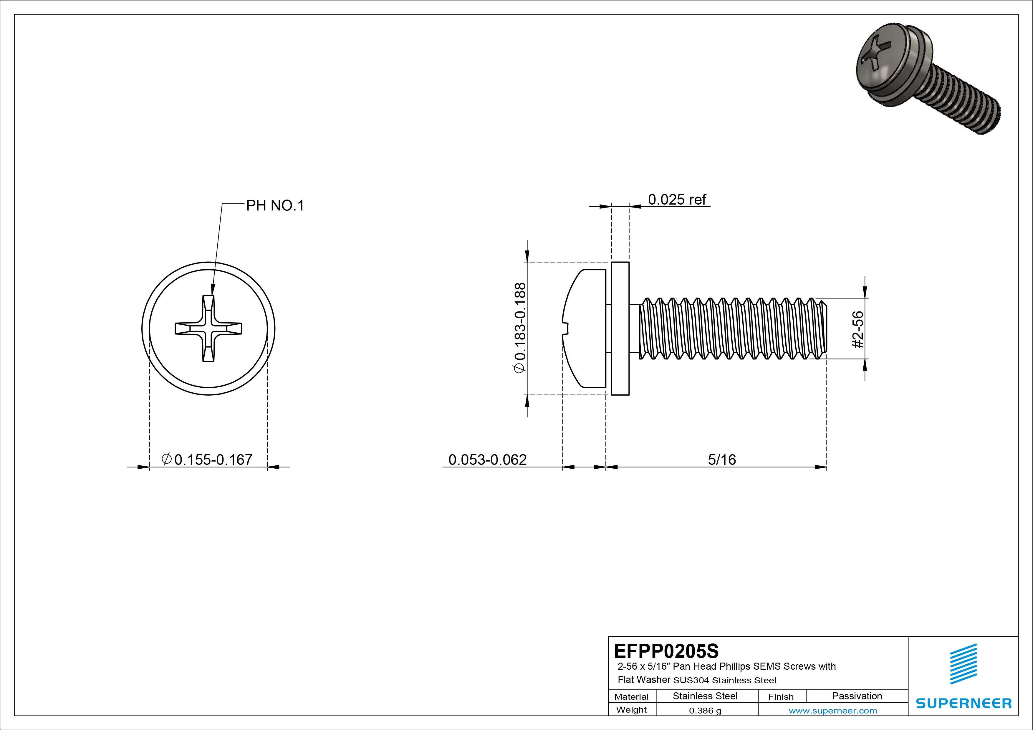 2-56 x 5/16" Pan Head Phillips SEMS Screws with Flat Washer SUS304 Stainless Steel Inox