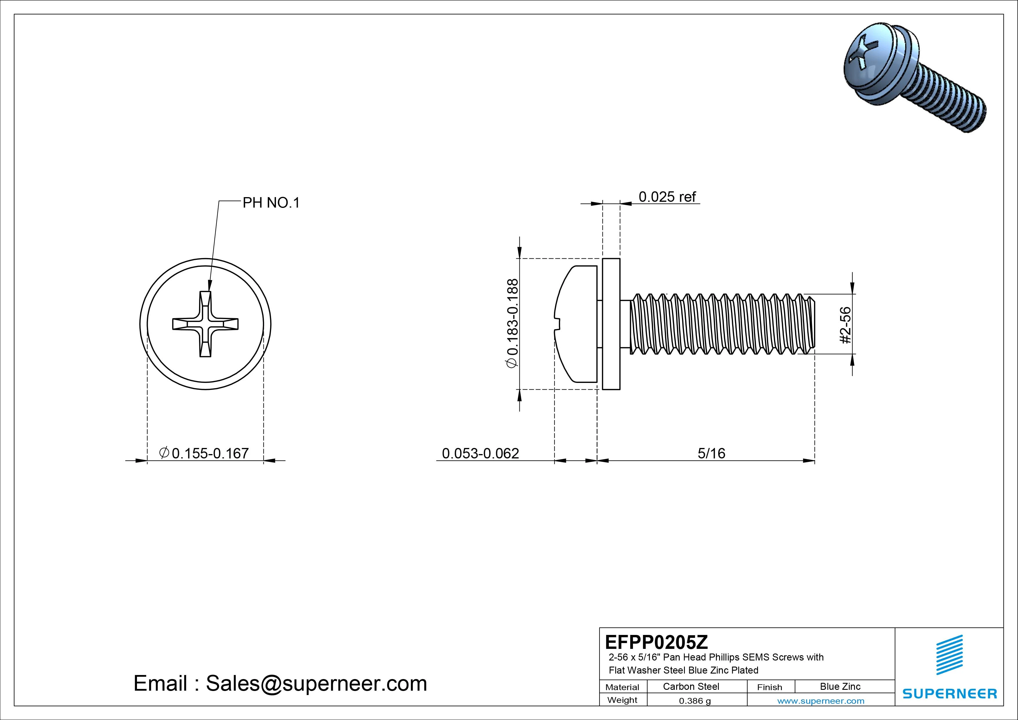 2-56 x 5/16" Pan Head Phillips SEMS Screws with Flat Washer Steel Blue Zinc Plated
