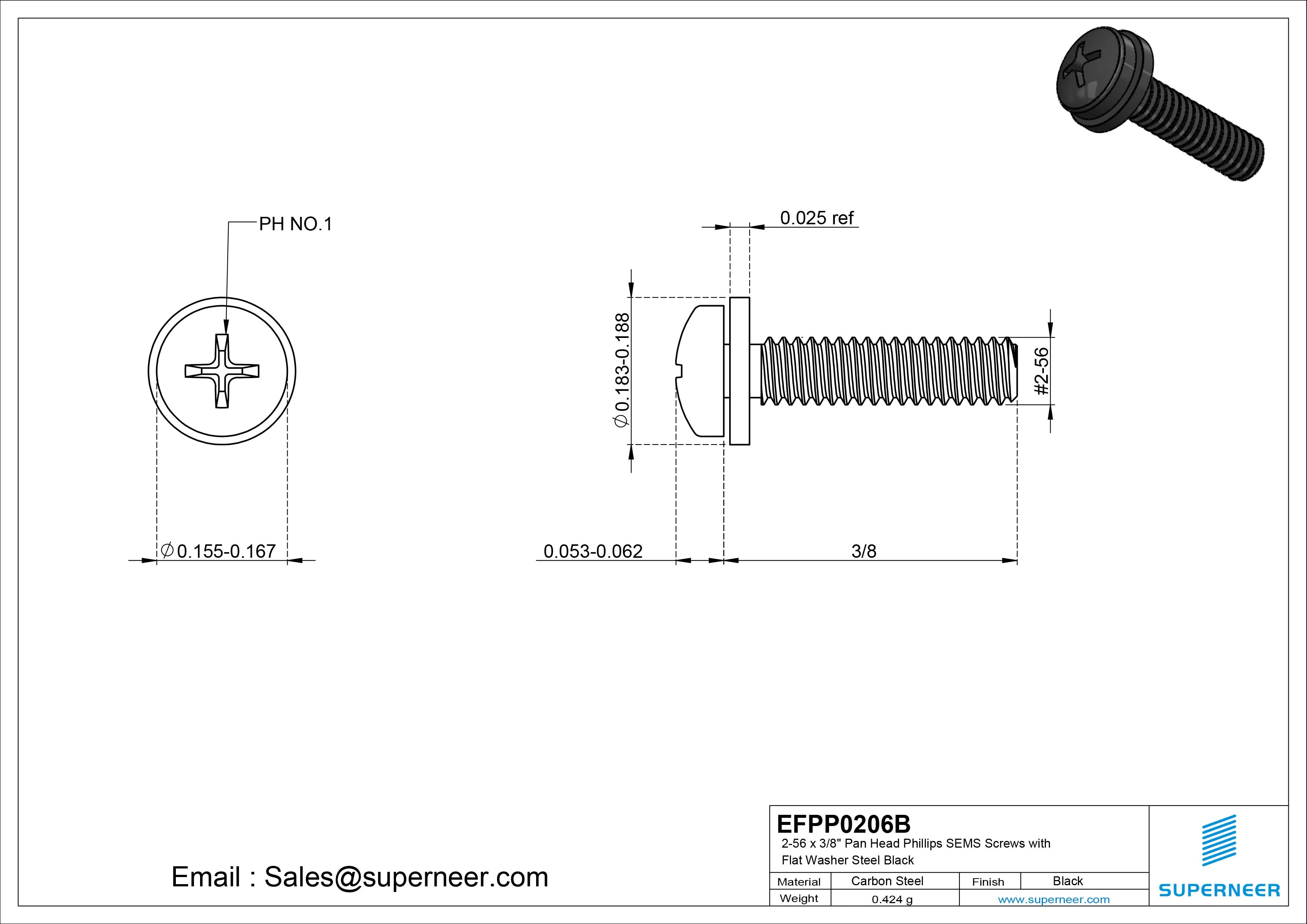 2-56 x 3/8" Pan Head Phillips SEMS Screws with Flat Washer Steel Black