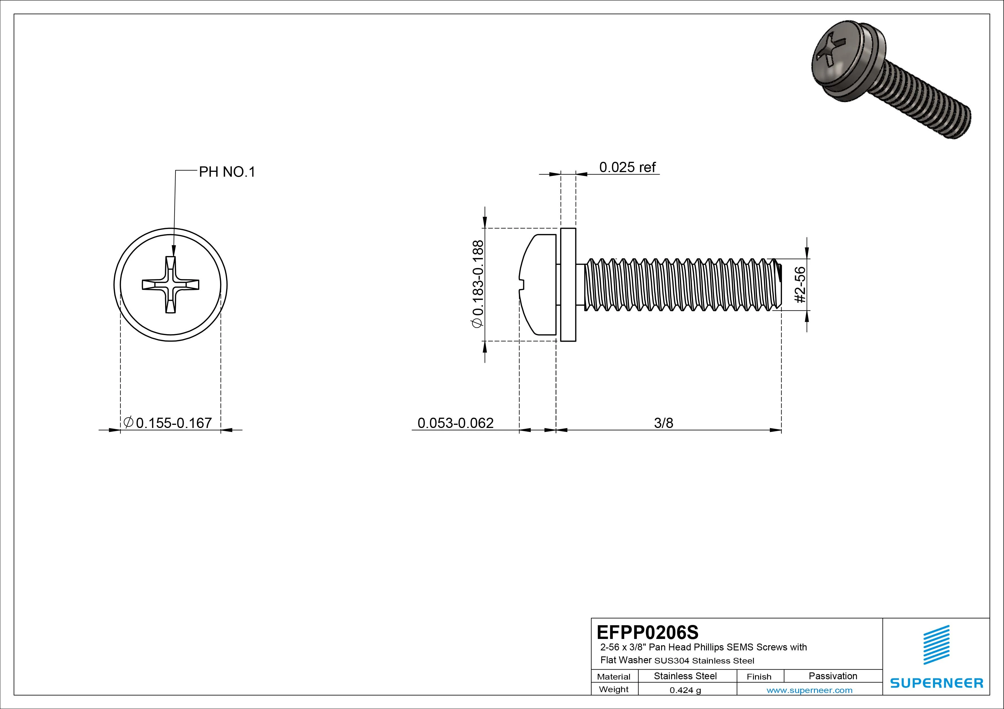 2-56 x 3/8" Pan Head Phillips SEMS Screws with Flat Washer SUS304 Stainless Steel Inox