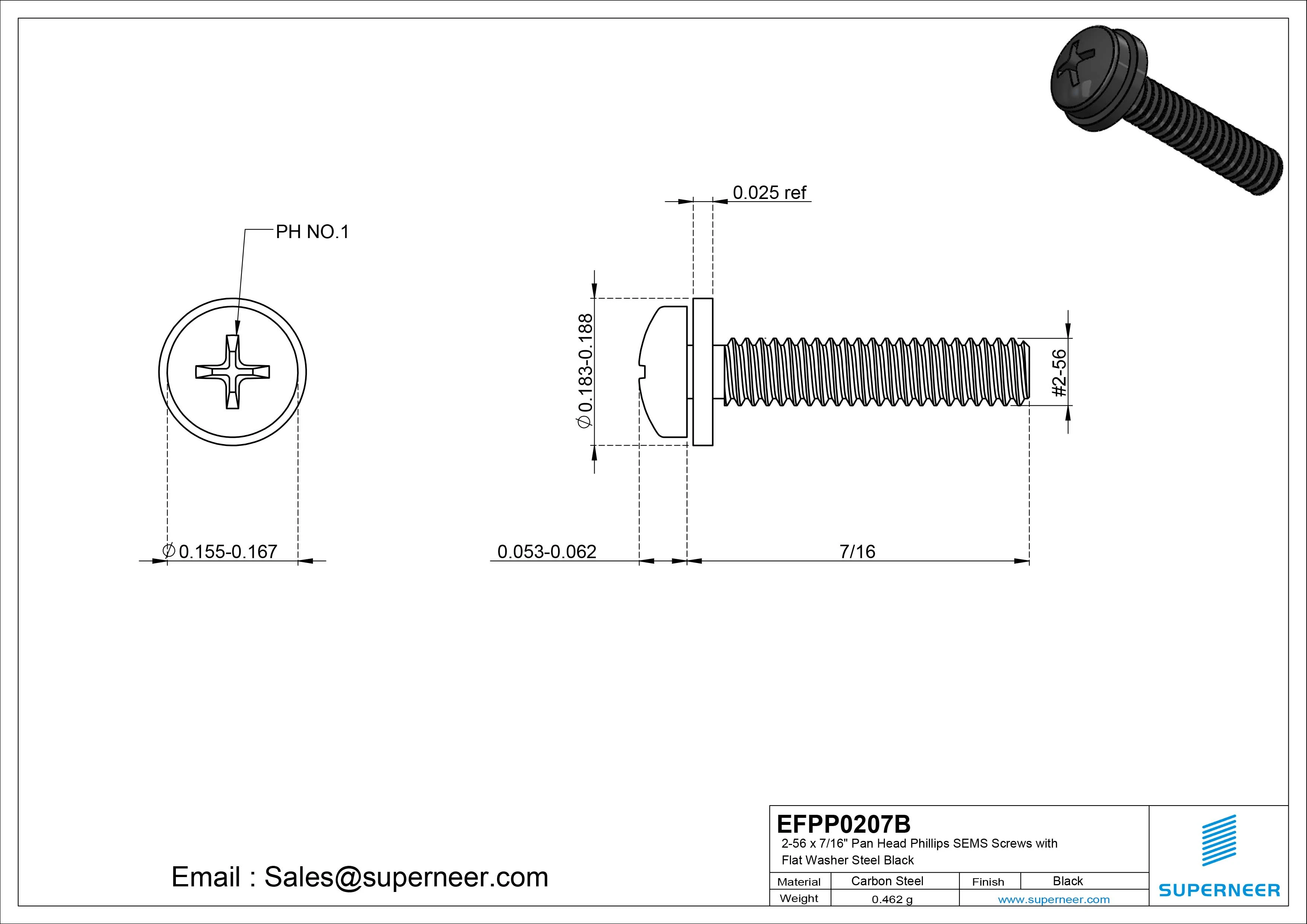 2-56 x 7/16" Pan Head Phillips SEMS Screws with Flat Washer Steel Black