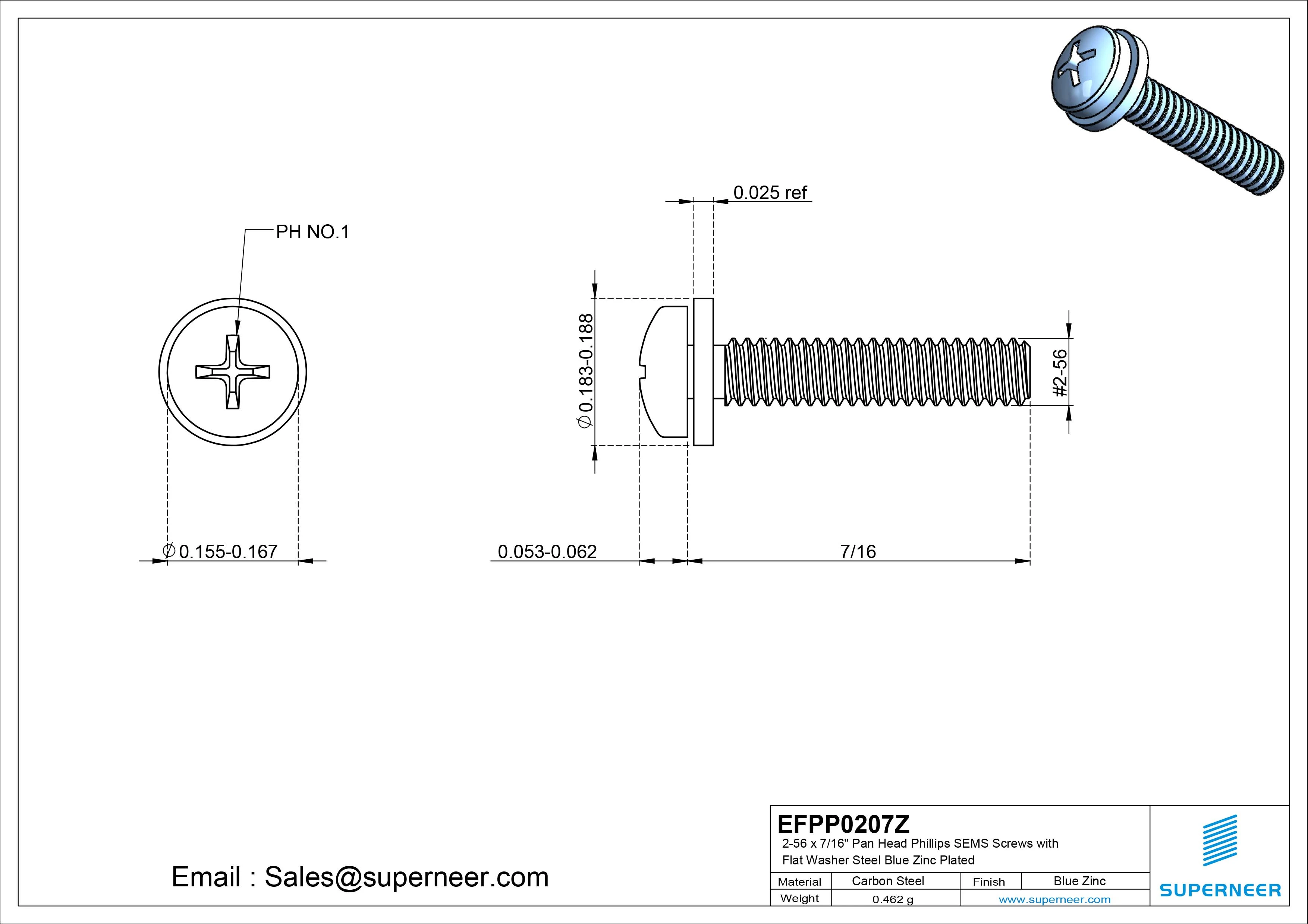 2-56 x 7/16" Pan Head Phillips SEMS Screws with Flat Washer Steel Blue Zinc Plated