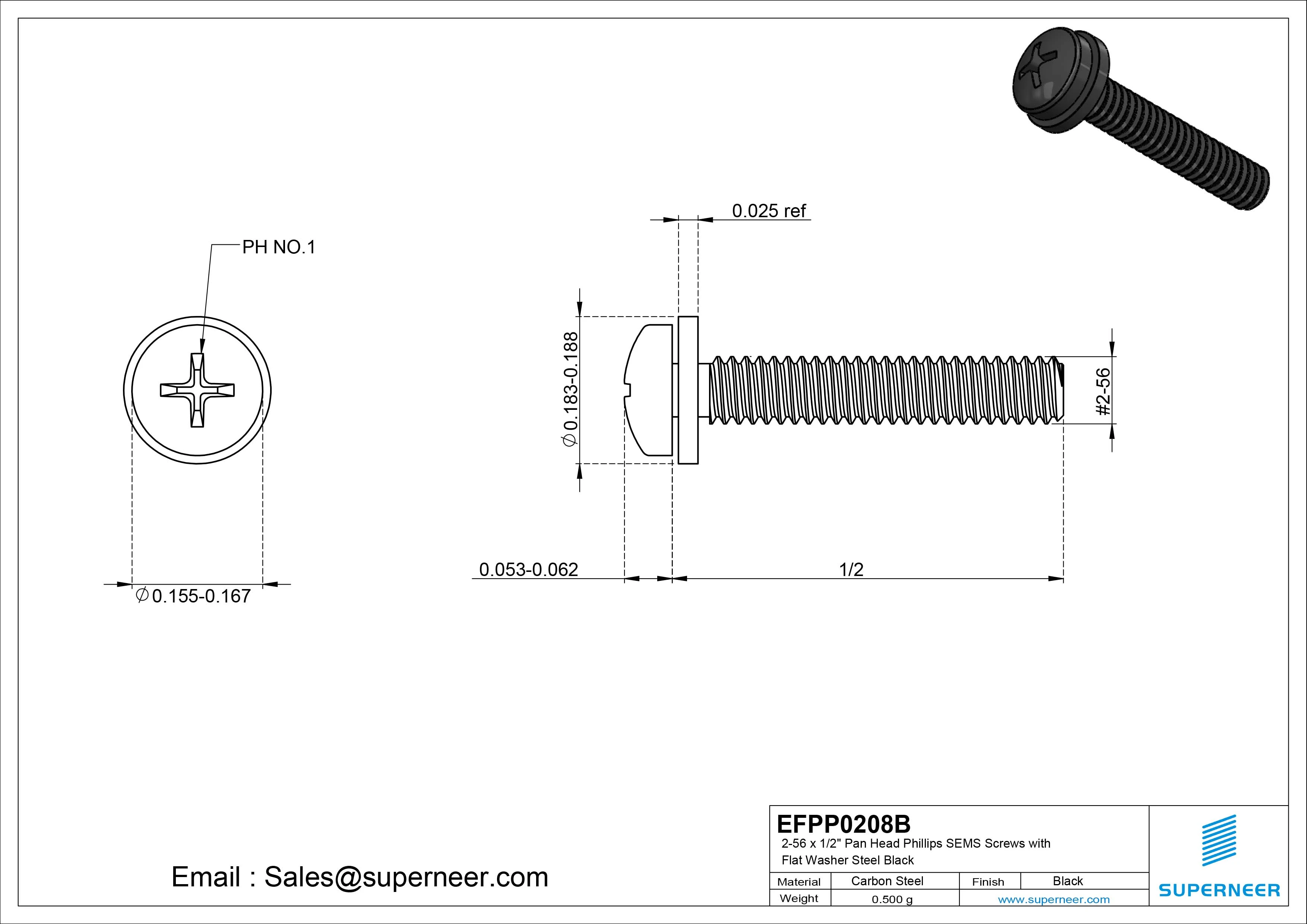 2-56 x 1/2" Pan Head Phillips SEMS Screws with Flat Washer Steel Black
