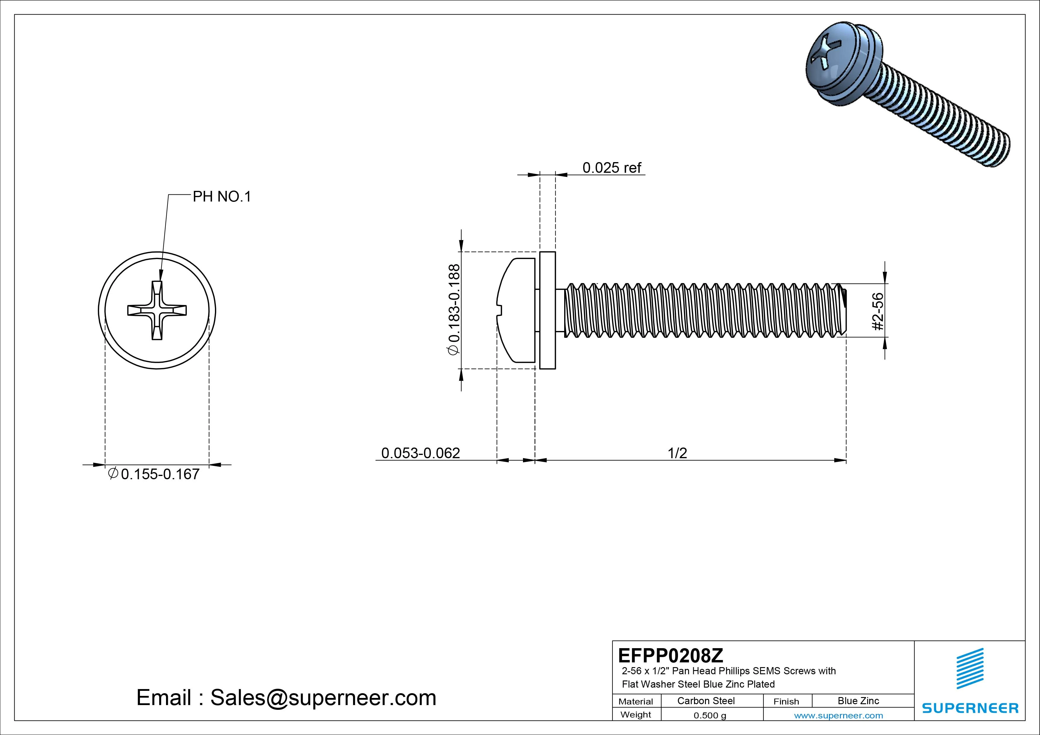 2-56 x 1/2" Pan Head Phillips SEMS Screws with Flat Washer Steel Blue Zinc Plated