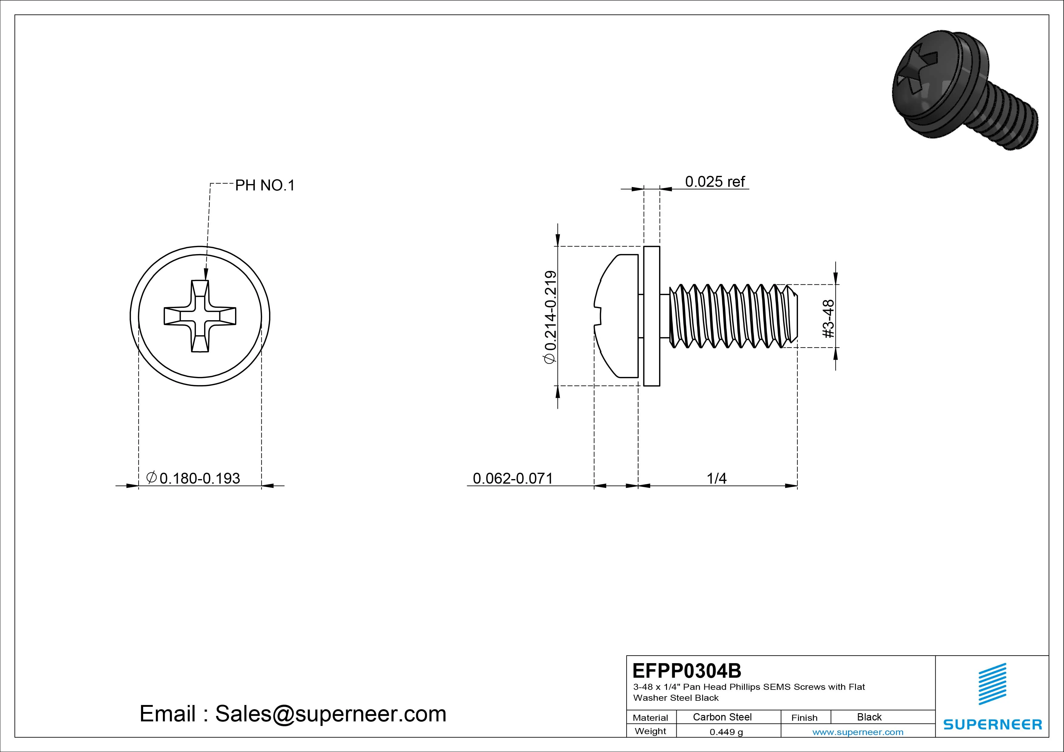 3-48 x 1/4" Pan Head Phillips SEMS Screws with Flat Washer Steel Black