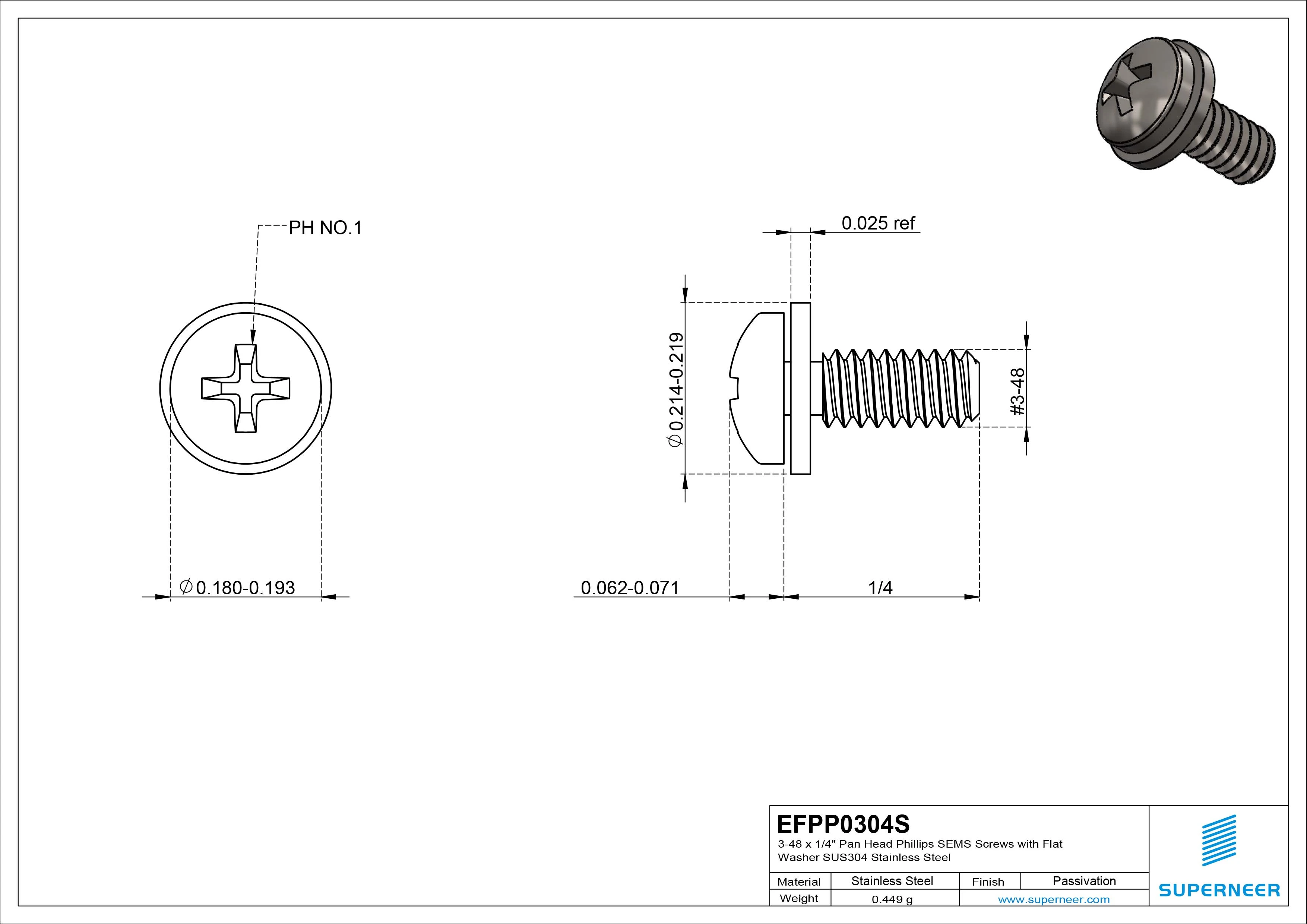 3-48 x 1/4" Pan Head Phillips SEMS Screws with Flat Washer SUS304 Stainless Steel Inox