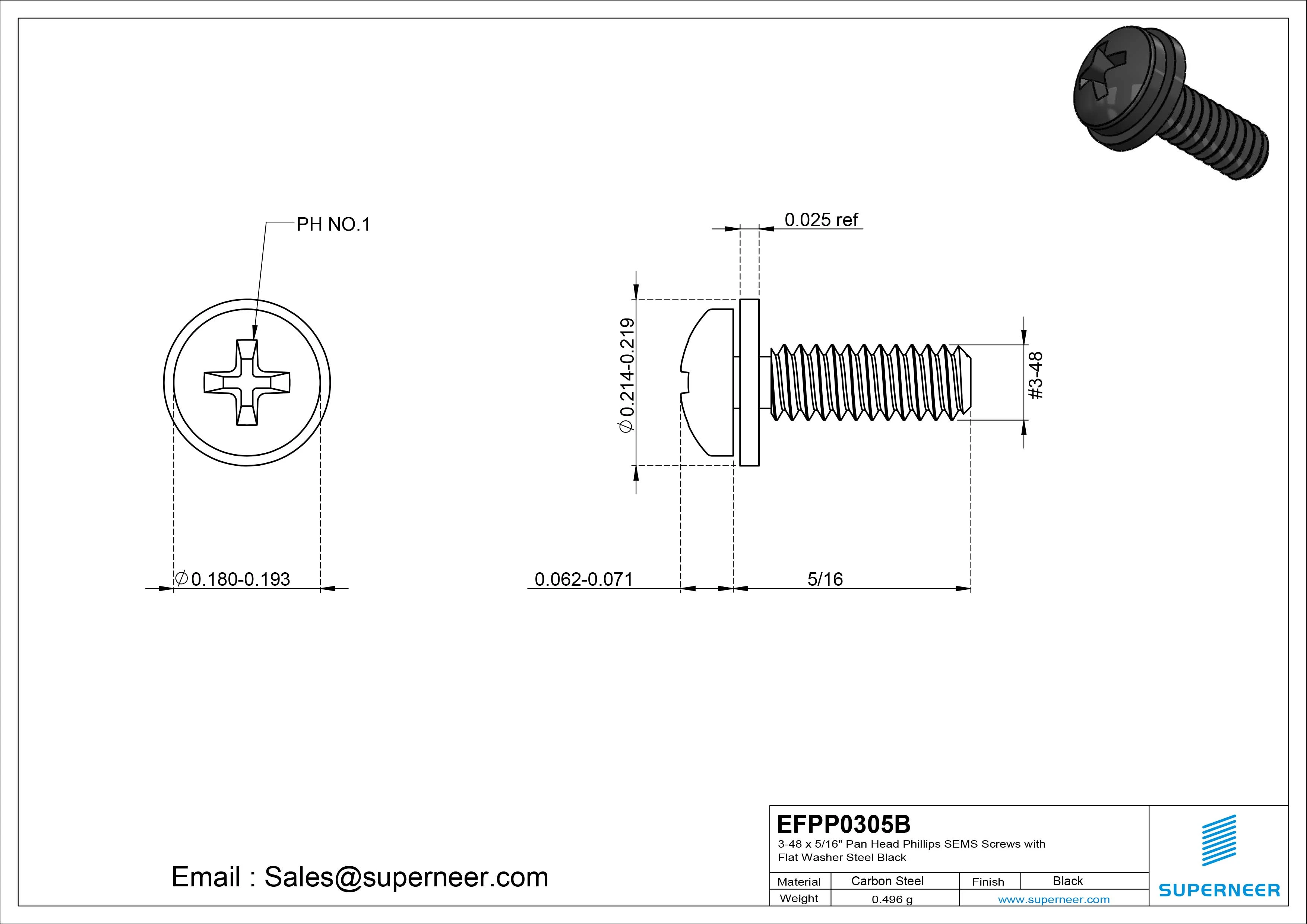 3-48 x 5/16" Pan Head Phillips SEMS Screws with Flat Washer Steel Black