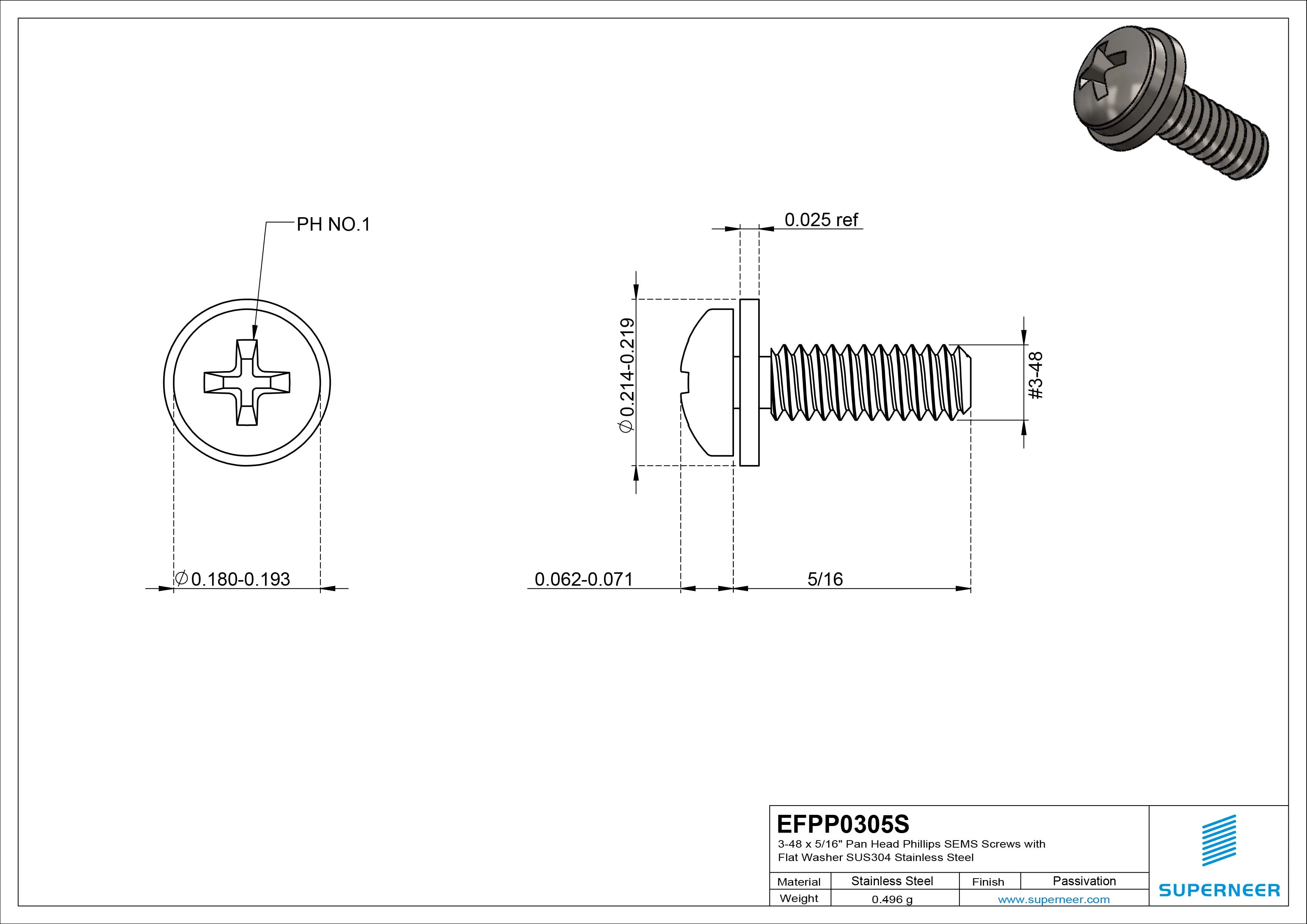 3-48 x 5/16" Pan Head Phillips SEMS Screws with Flat Washer SUS304 Stainless Steel Inox