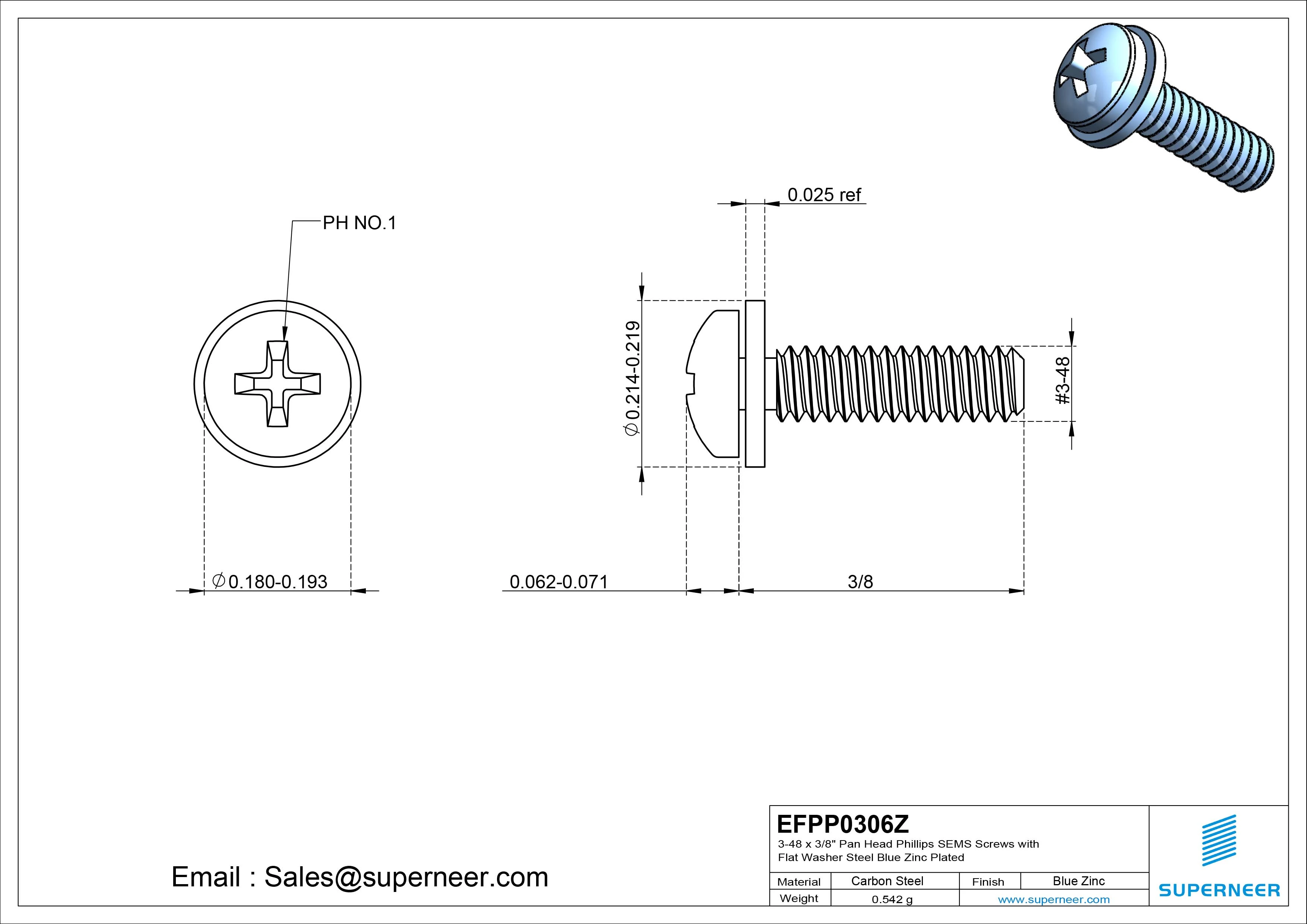 3-48 x 3/8" Pan Head Phillips SEMS Screws with Flat Washer Steel Blue Zinc Plated