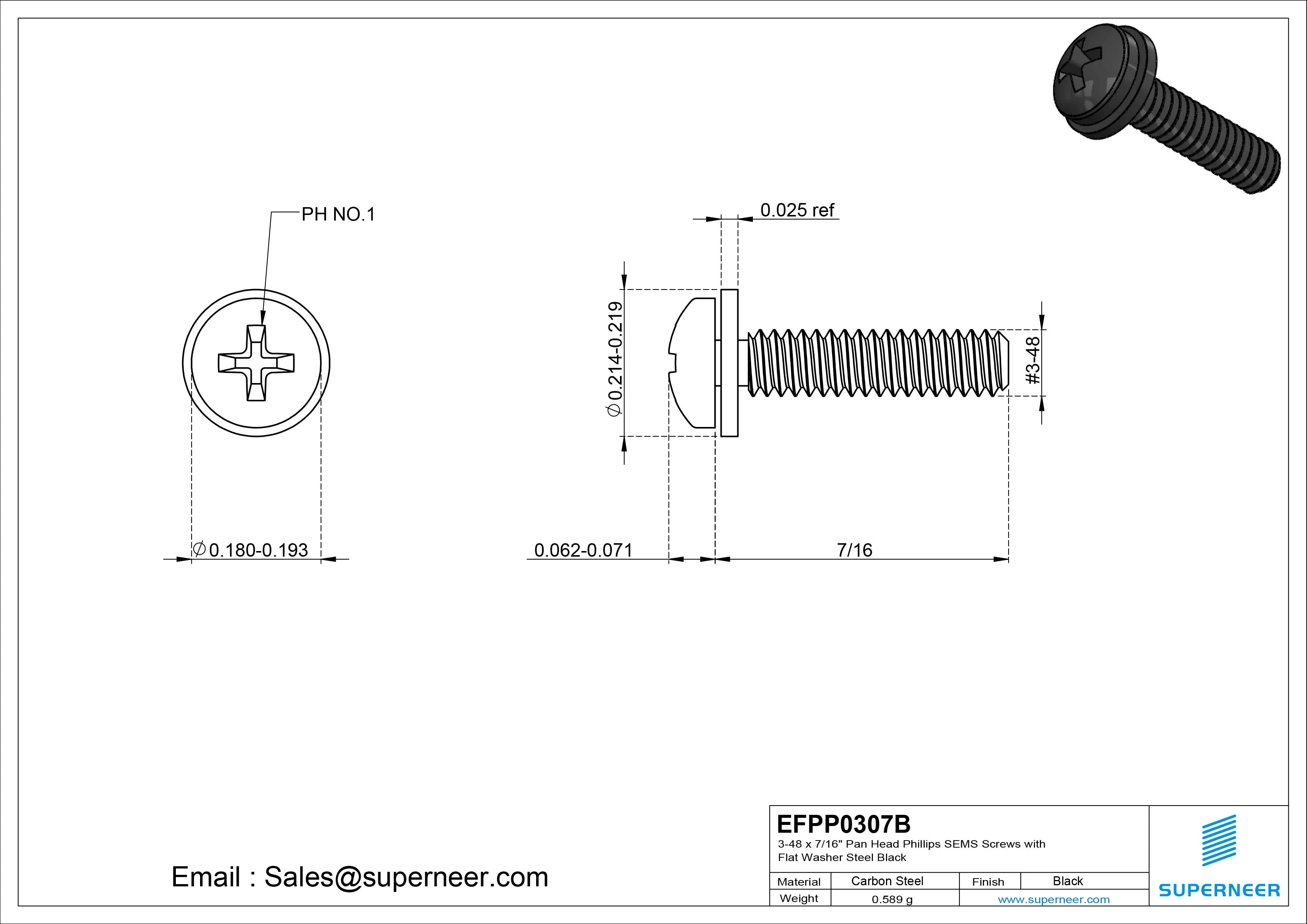 3-48 x 7/16" Pan Head Phillips SEMS Screws with Flat Washer Steel Black