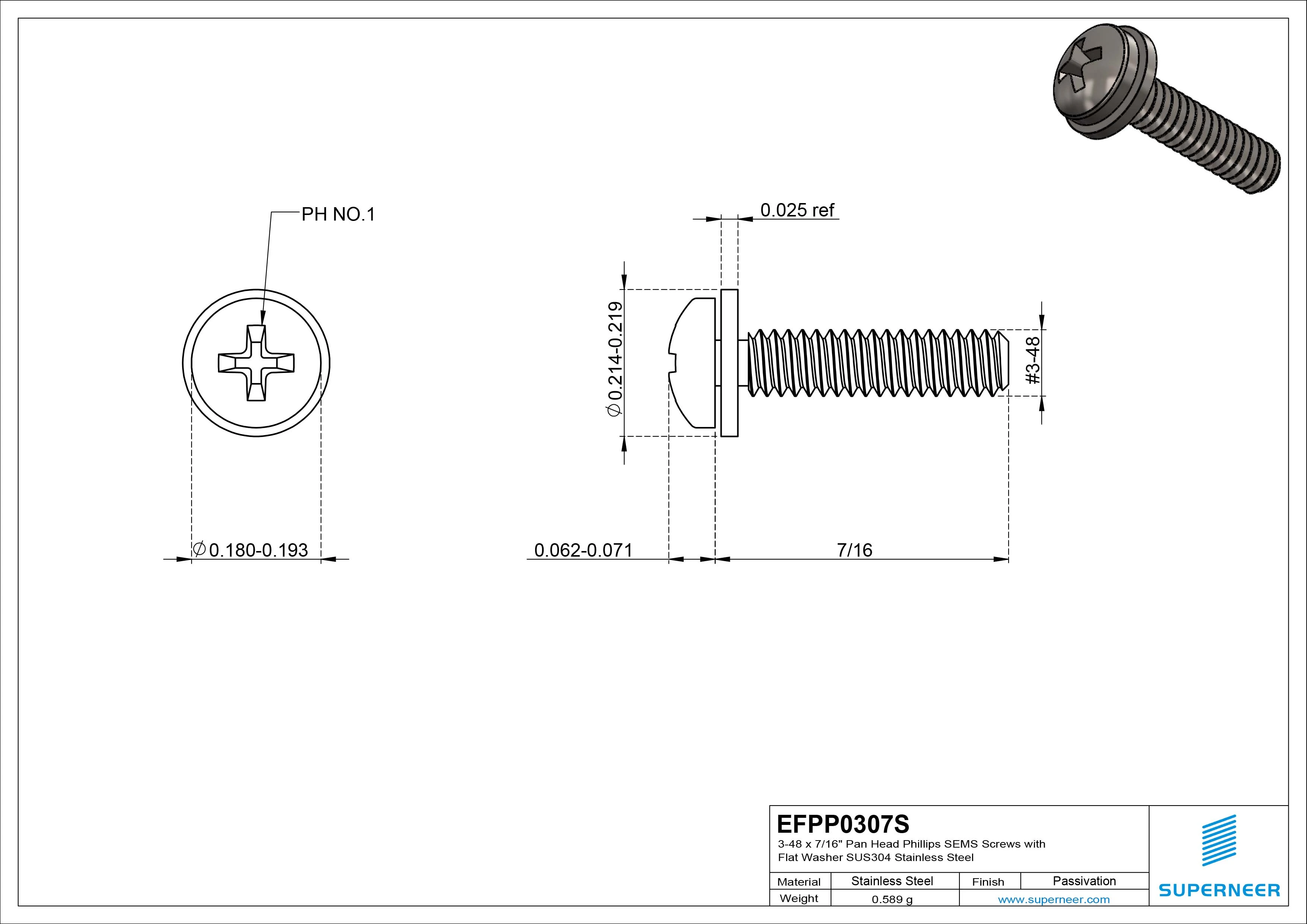 3-48 x 7/16" Pan Head Phillips SEMS Screws with Flat Washer SUS304 Stainless Steel Inox