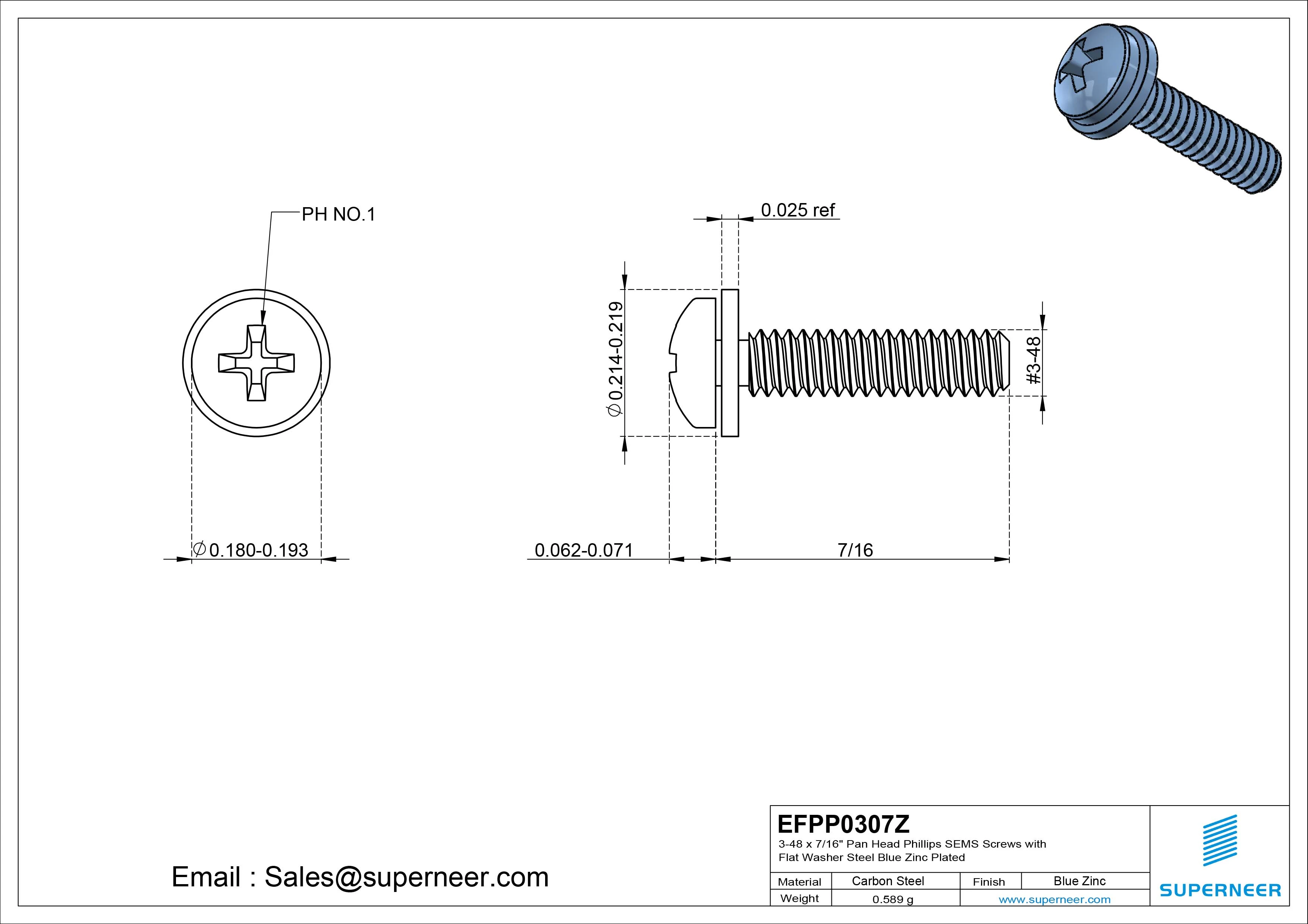 3-48 x 7/16" Pan Head Phillips SEMS Screws with Flat Washer Steel Blue Zinc Plated