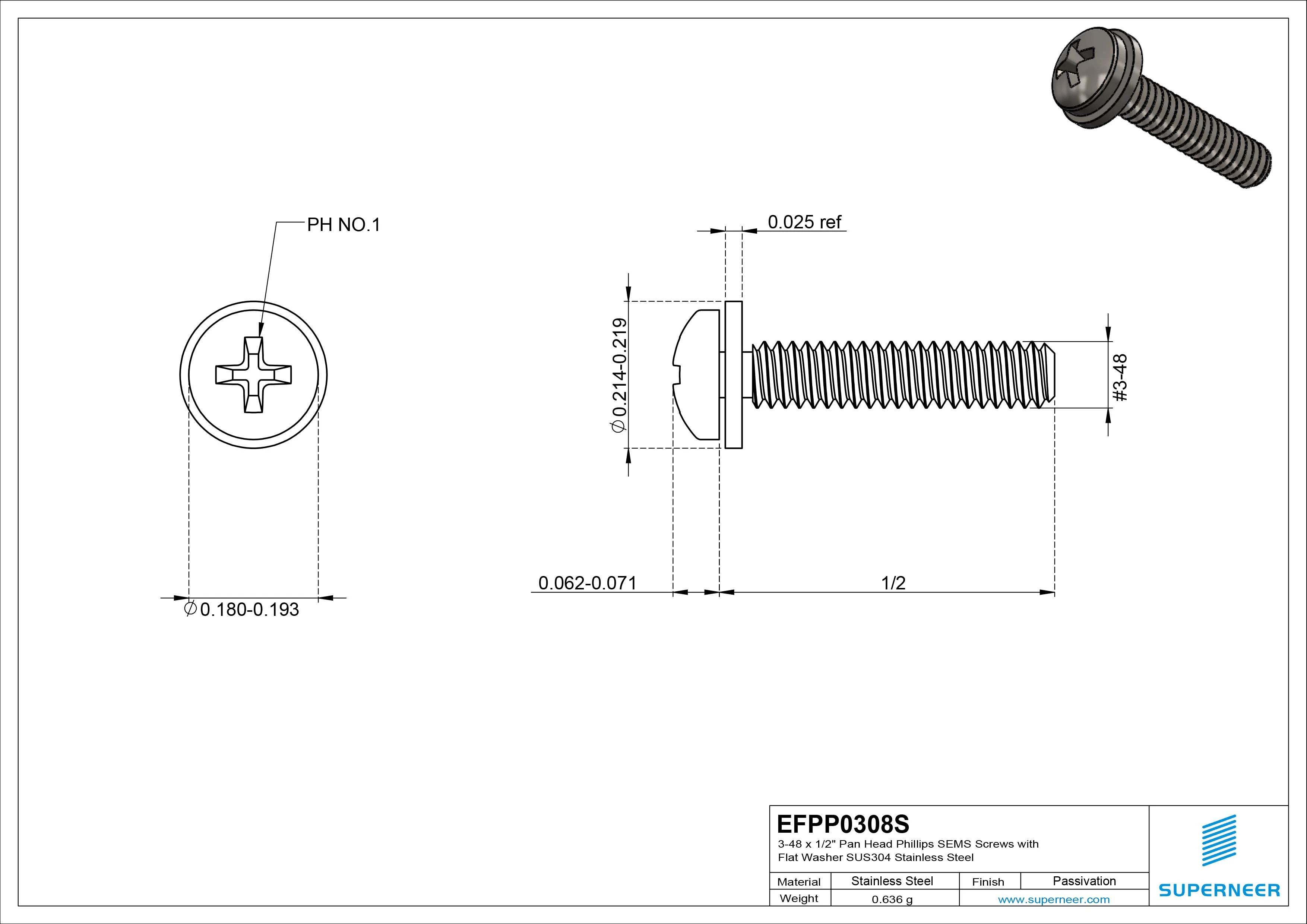 3-48 x 1/2" Pan Head Phillips SEMS Screws with Flat Washer SUS304 Stainless Steel Inox