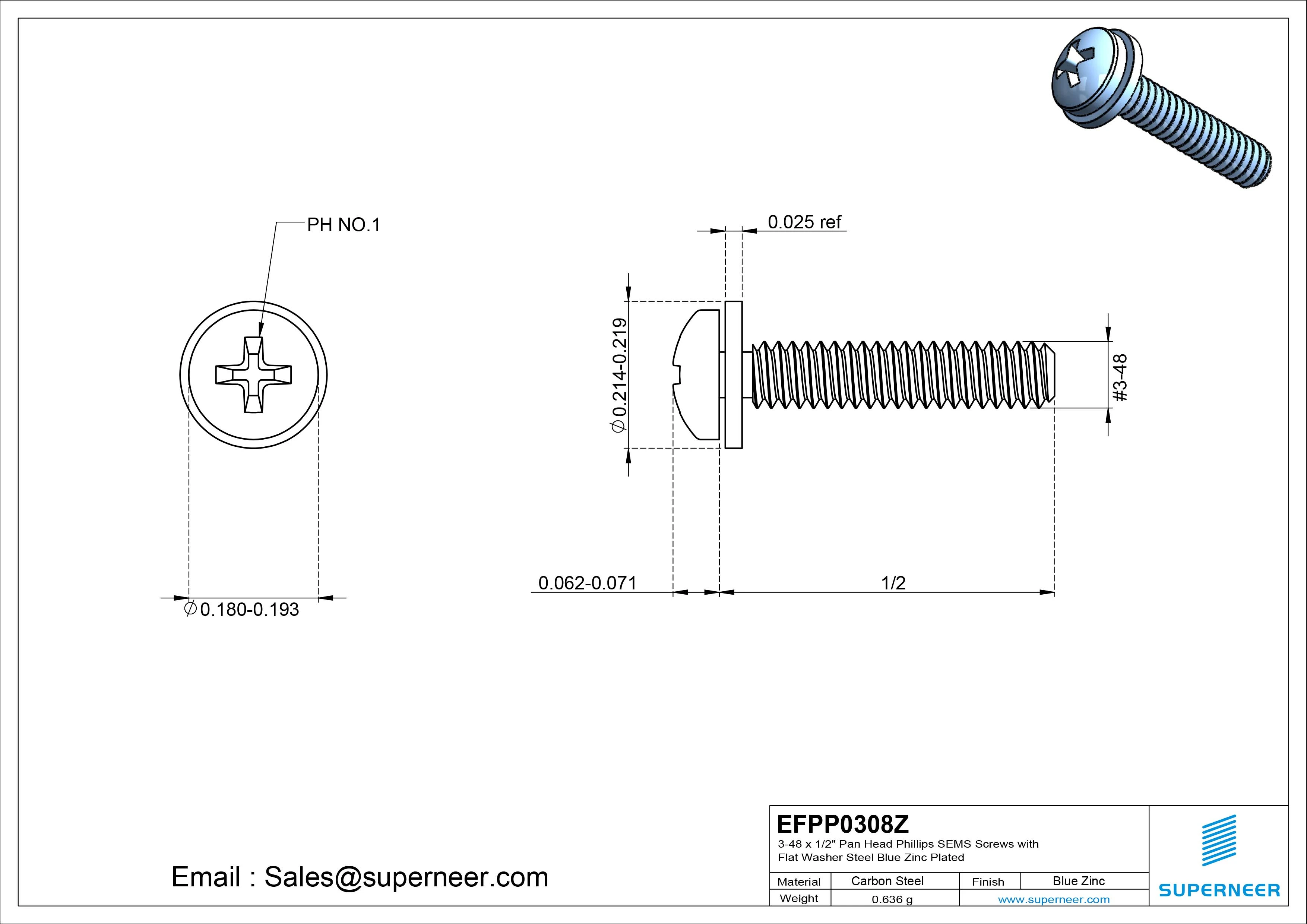 3-48 x 1/2" Pan Head Phillips SEMS Screws with Flat Washer Steel Blue Zinc Plated