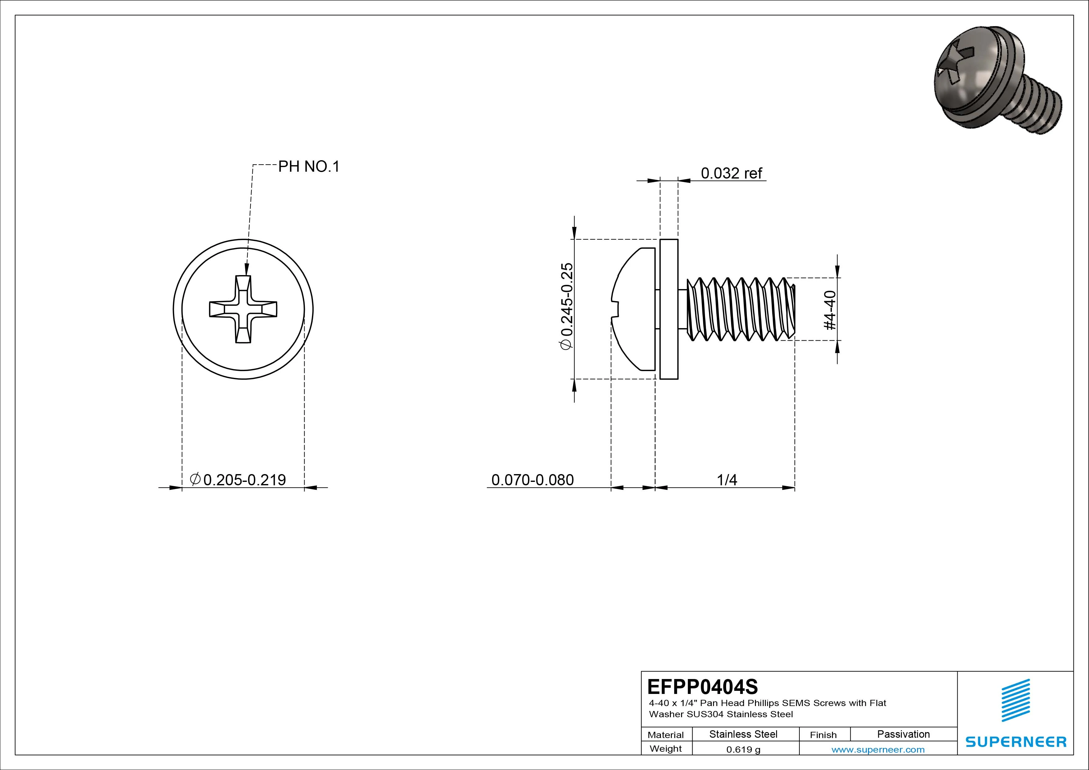 4-40 x 1/4" Pan Head Phillips SEMS Screws with Flat Washer SUS304 Stainless Steel Inox