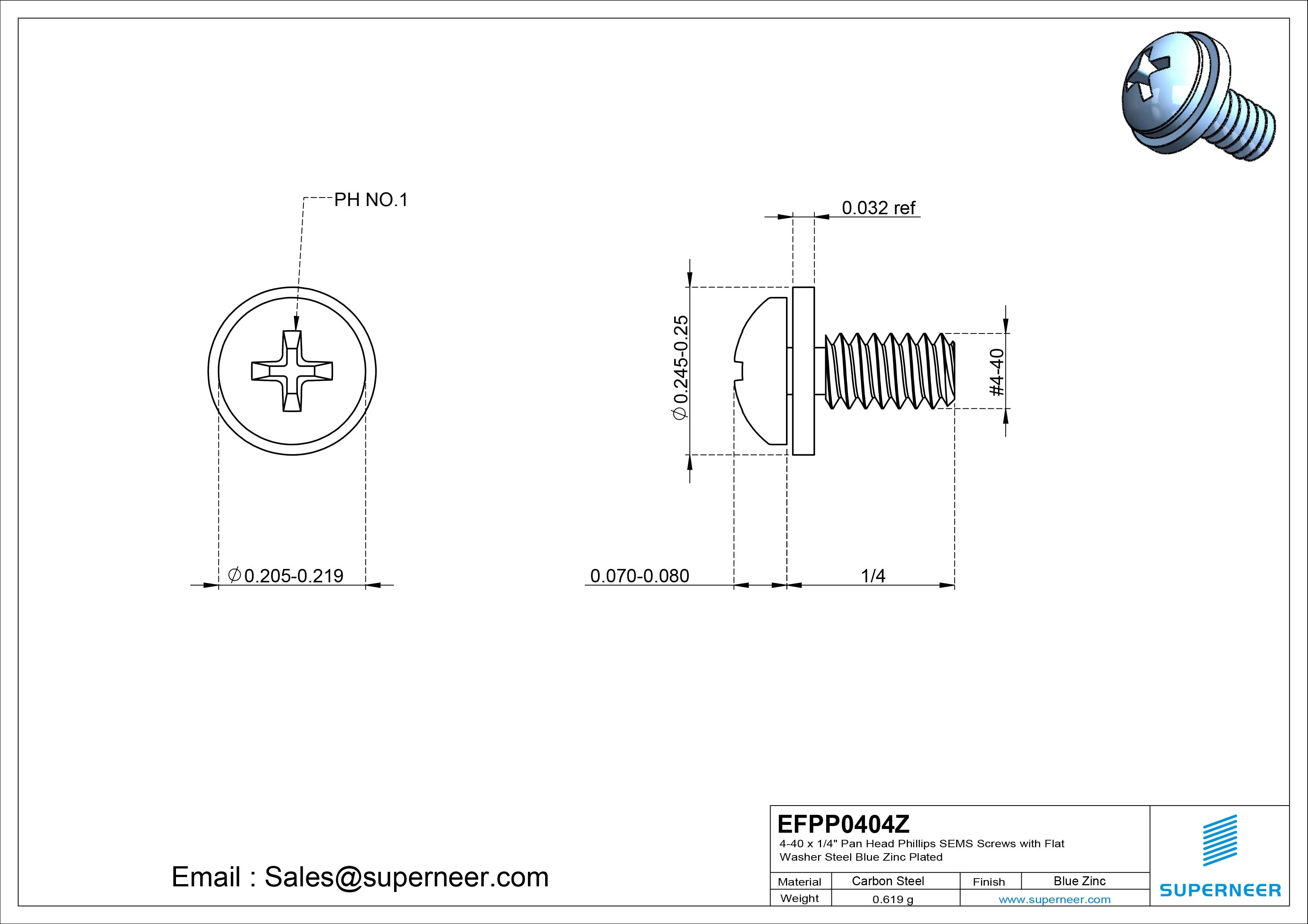 4-40 x 1/4" Pan Head Phillips SEMS Screws with Flat Washer Steel Blue Zinc Plated