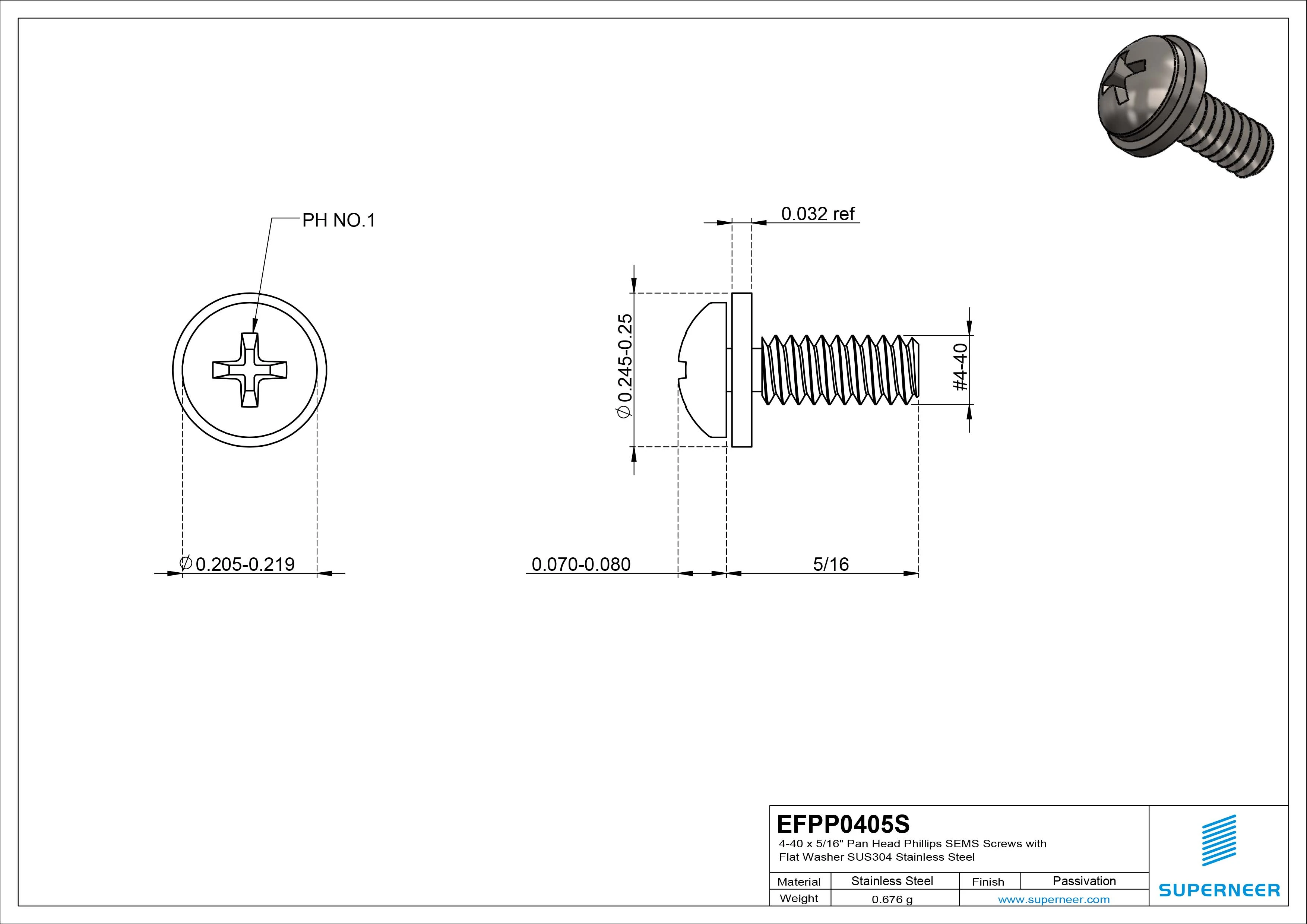 4-40 x 5/16" Pan Head Phillips SEMS Screws with Flat Washer SUS304 Stainless Steel Inox