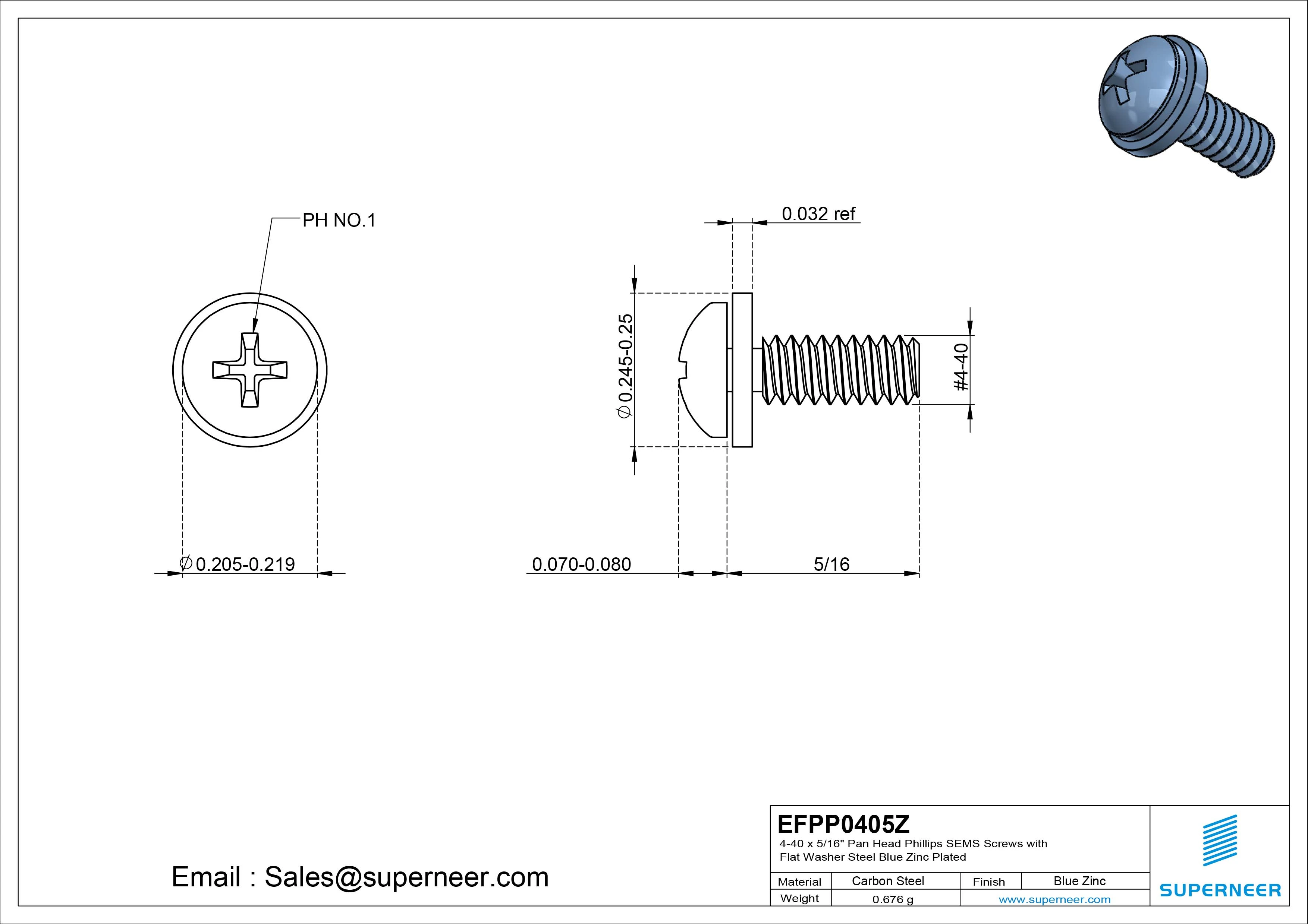 4-40 x 5/16" Pan Head Phillips SEMS Screws with Flat Washer Steel Blue Zinc Plated