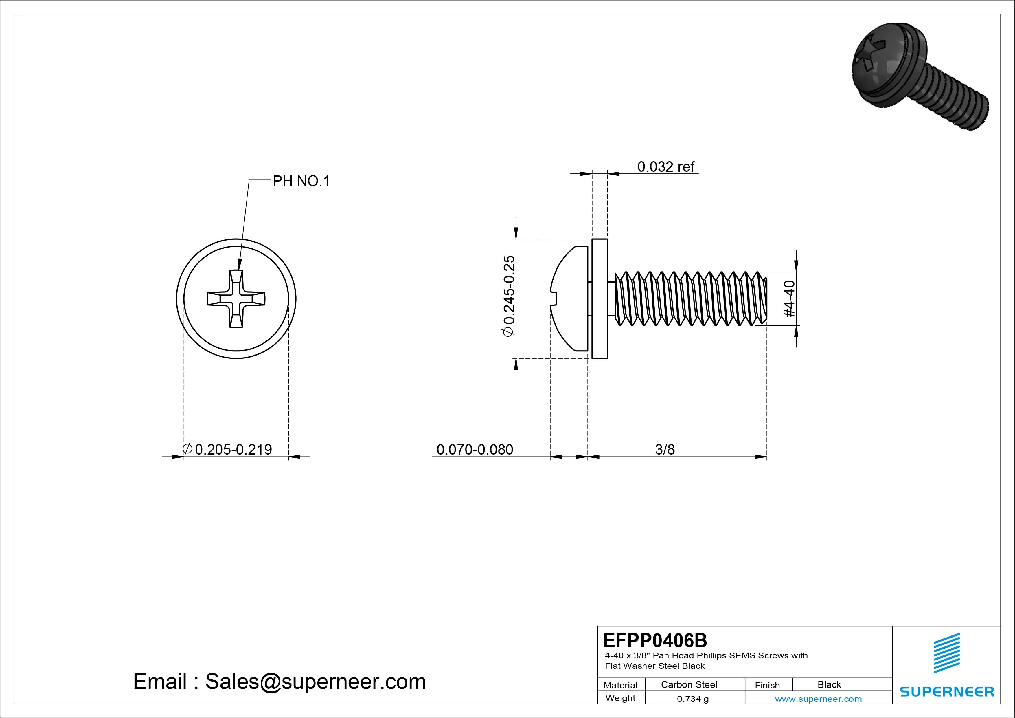 4-40 x 3/8" Pan Head Phillips SEMS Screws with Flat Washer Steel Black