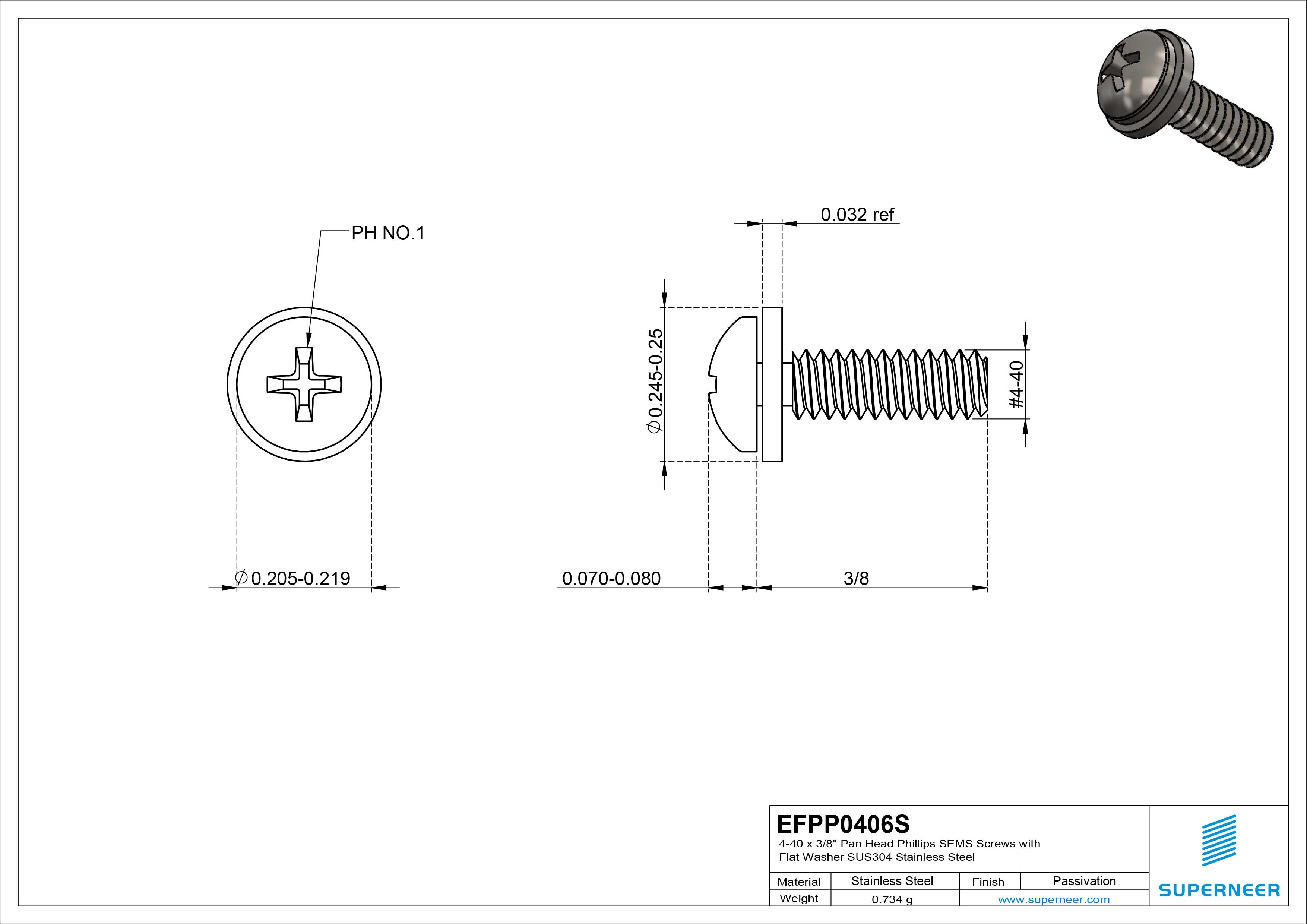 4-40 x 3/8" Pan Head Phillips SEMS Screws with Flat Washer SUS304 Stainless Steel Inox