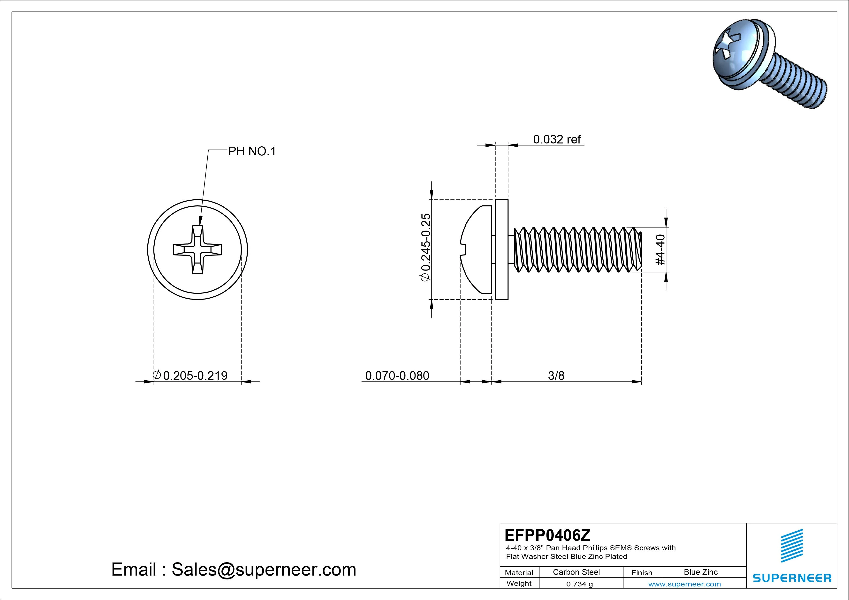 4-40 x 3/8" Pan Head Phillips SEMS Screws with Flat Washer Steel Blue Zinc Plated