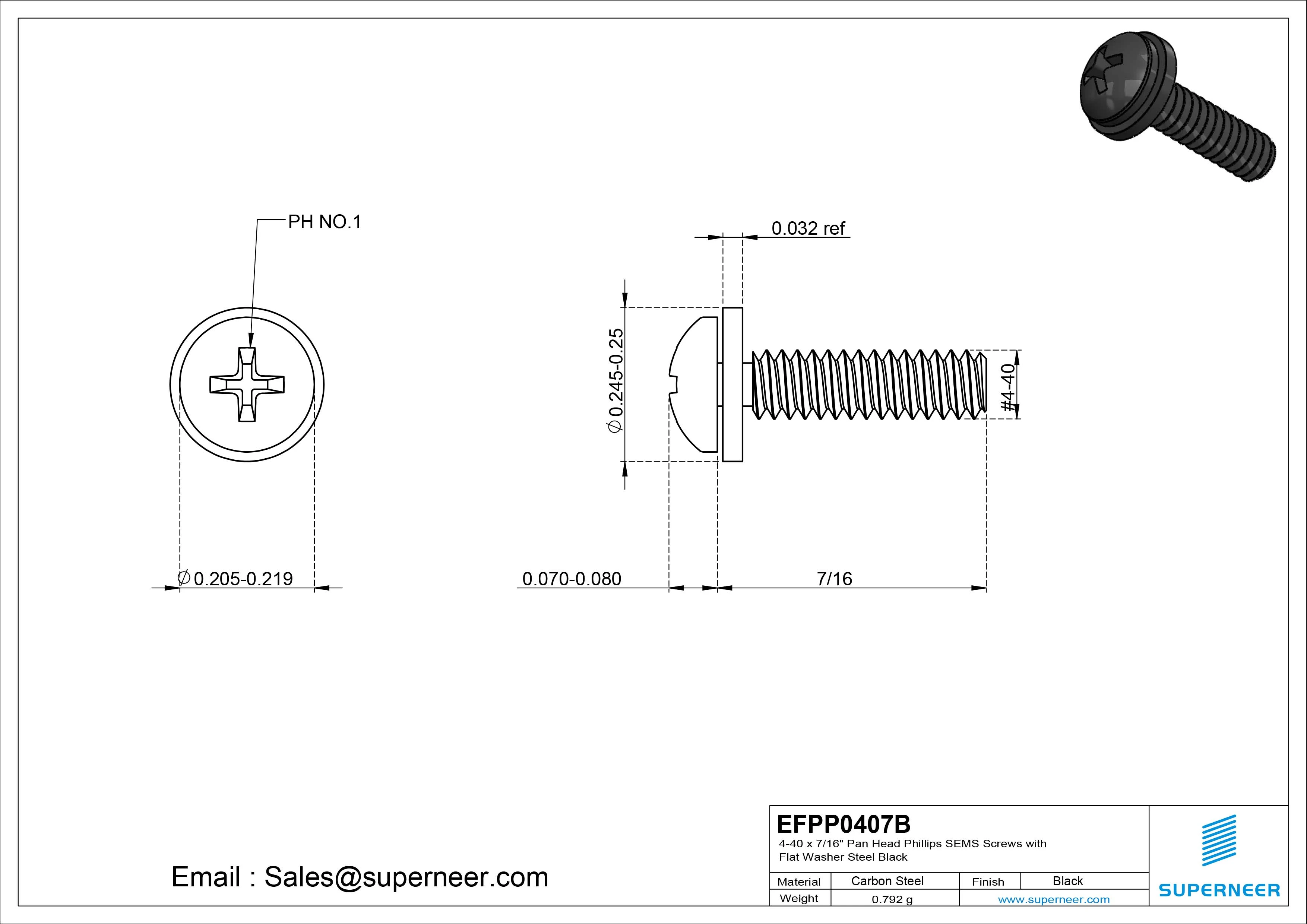4-40 x 7/16" Pan Head Phillips SEMS Screws with Flat Washer Steel Black