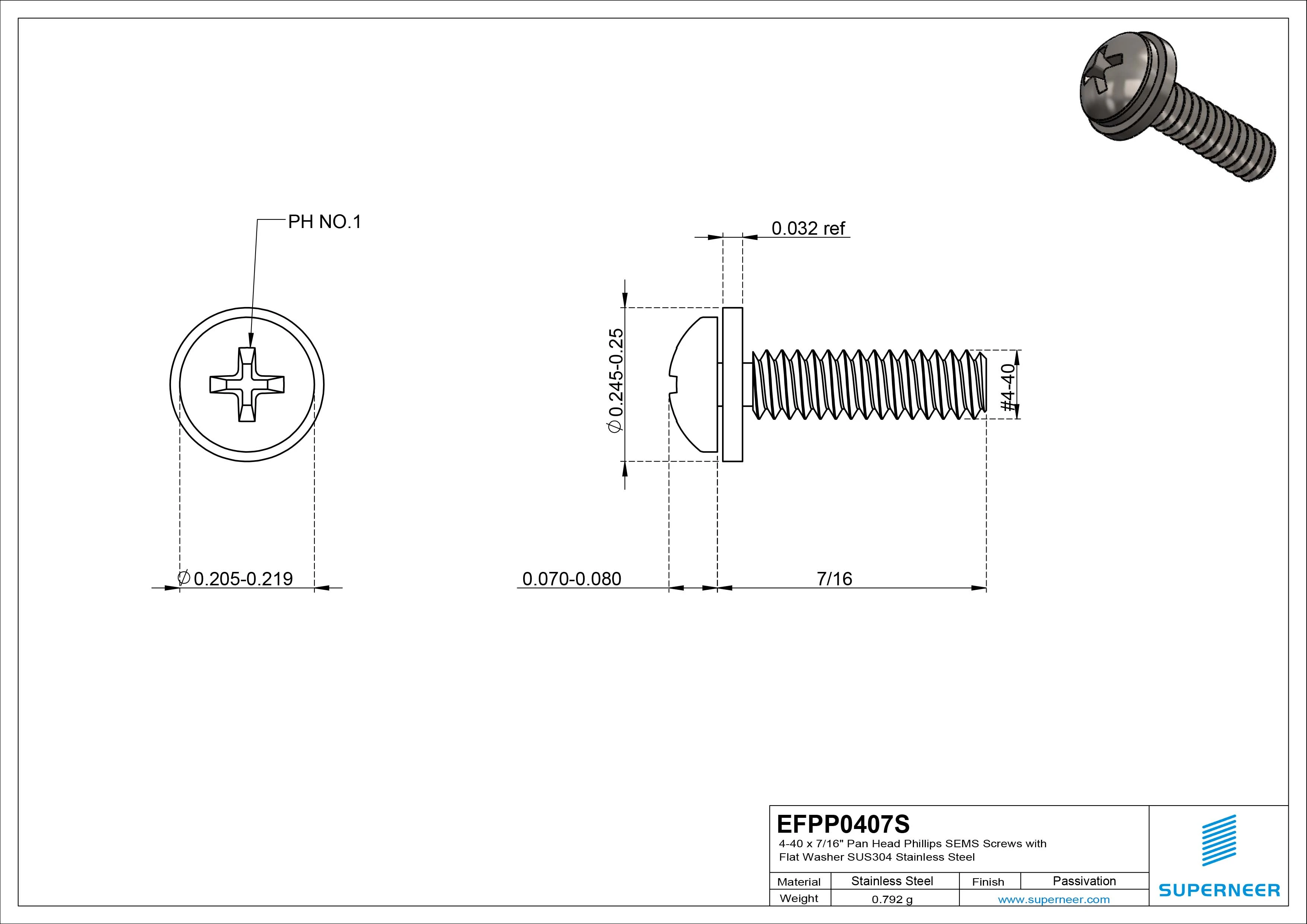 4-40 x 7/16" Pan Head Phillips SEMS Screws with Flat Washer SUS304 Stainless Steel Inox