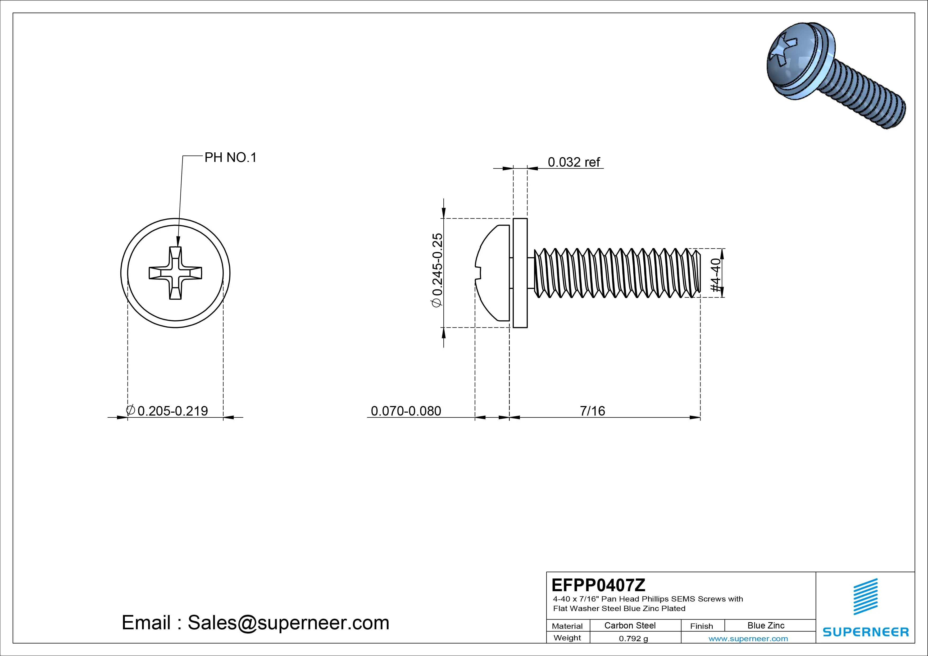 4-40 x 7/16" Pan Head Phillips SEMS Screws with Flat Washer Steel Blue Zinc Plated