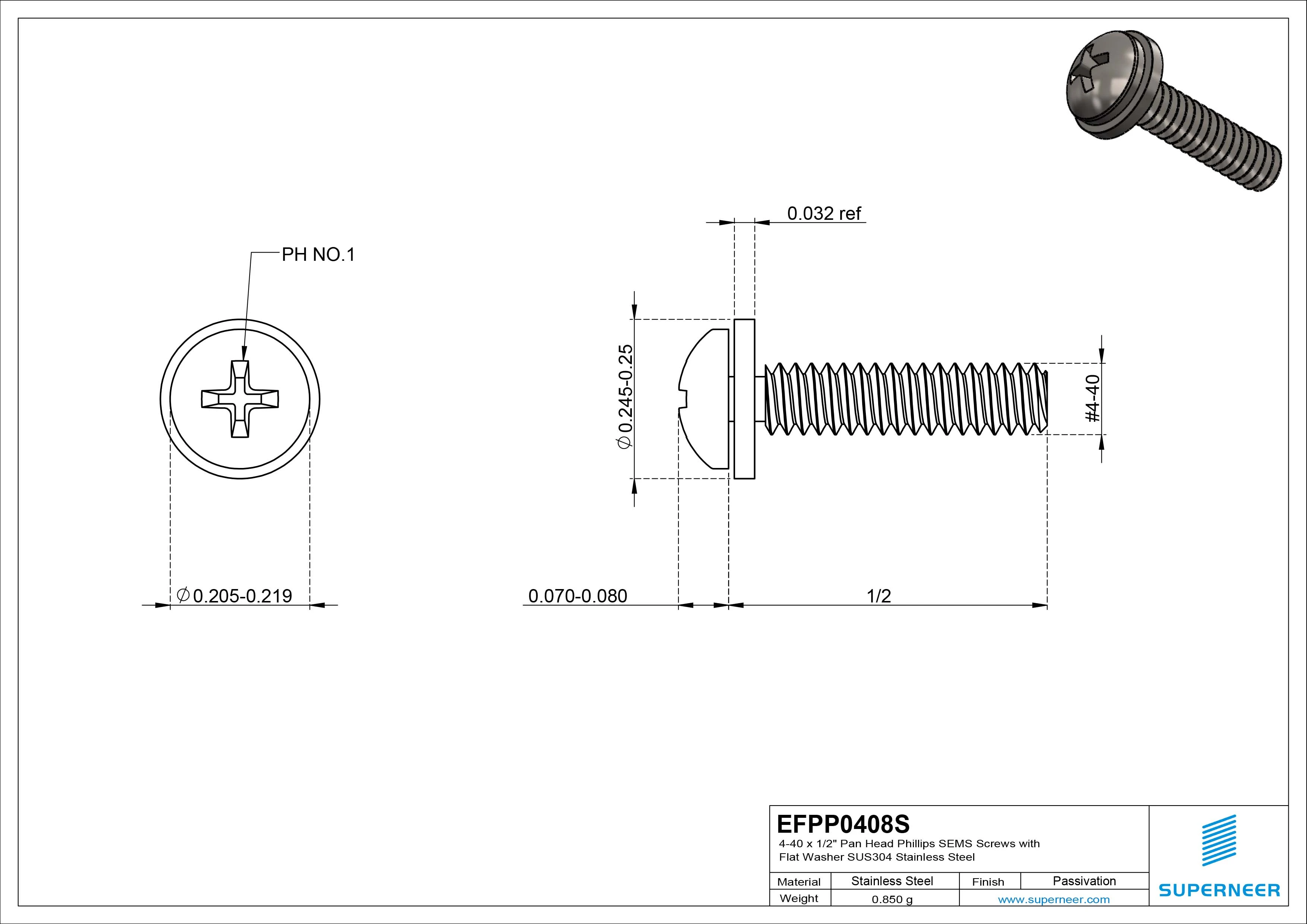 4-40 x 1/2" Pan Head Phillips SEMS Screws with Flat Washer SUS304 Stainless Steel Inox