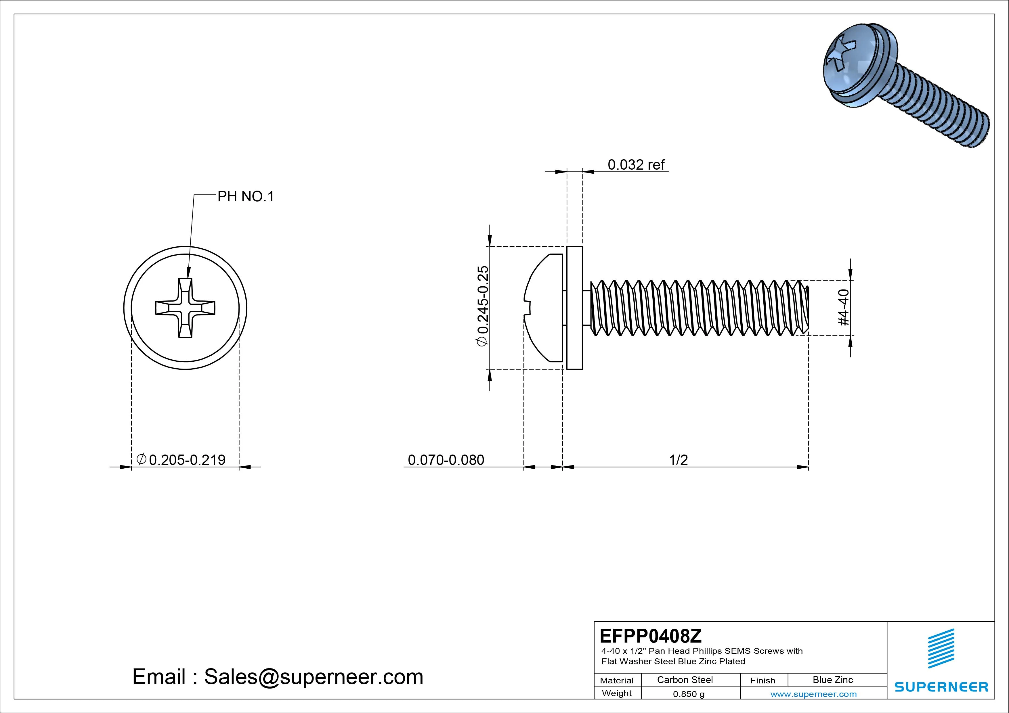 4-40 x 1/2" Pan Head Phillips SEMS Screws with Flat Washer Steel Blue Zinc Plated