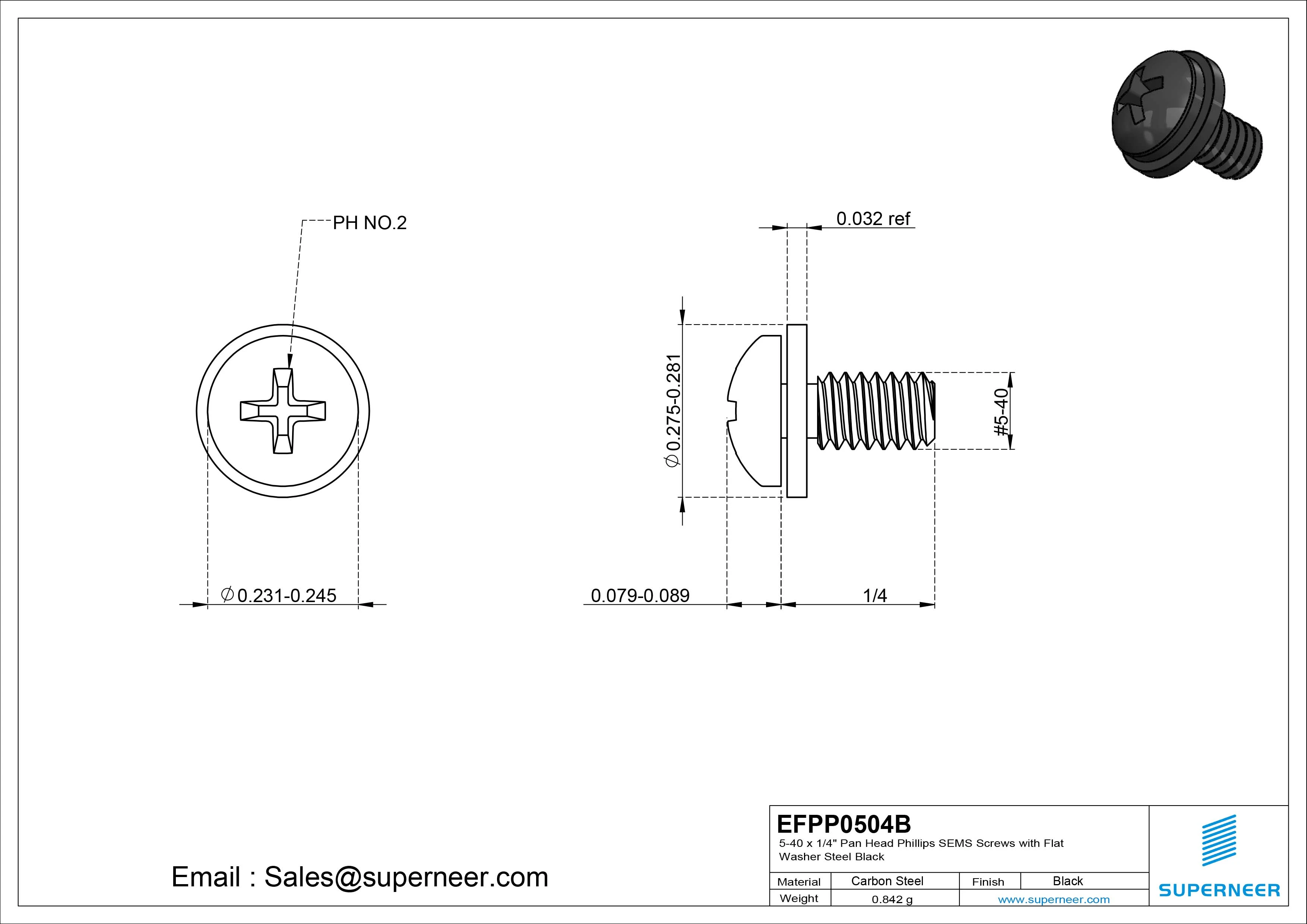 5-40 x 1/4" Pan Head Phillips SEMS Screws with Flat Washer Steel Black