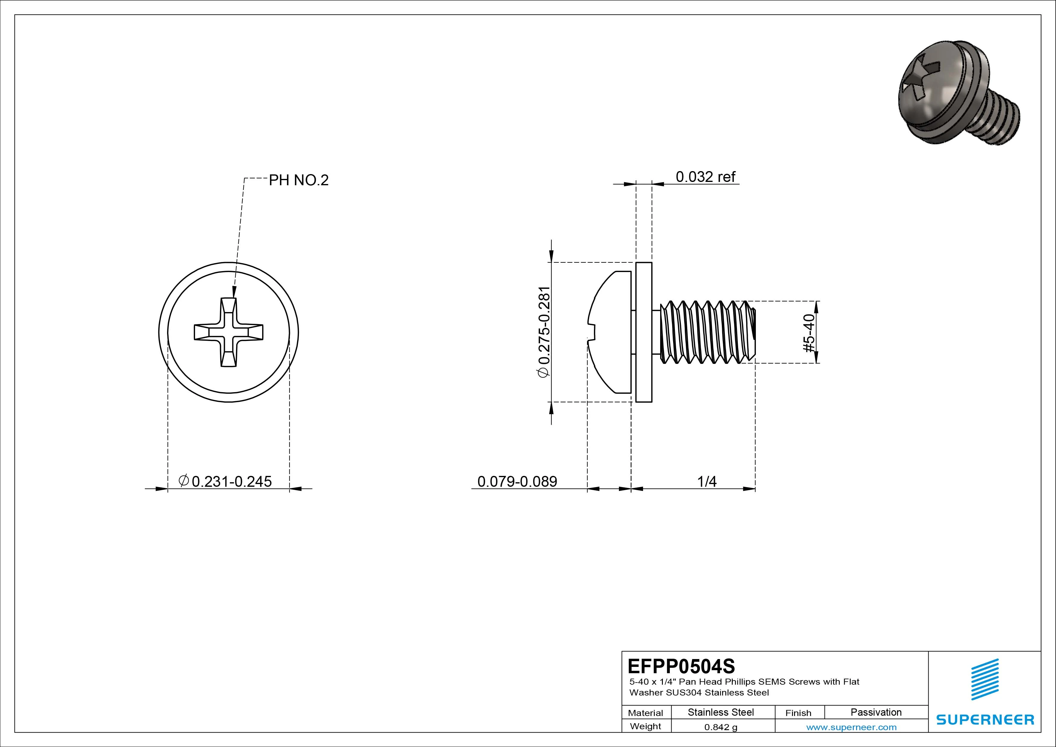 5-40 x 1/4" Pan Head Phillips SEMS Screws with Flat Washer SUS304 Stainless Steel Inox