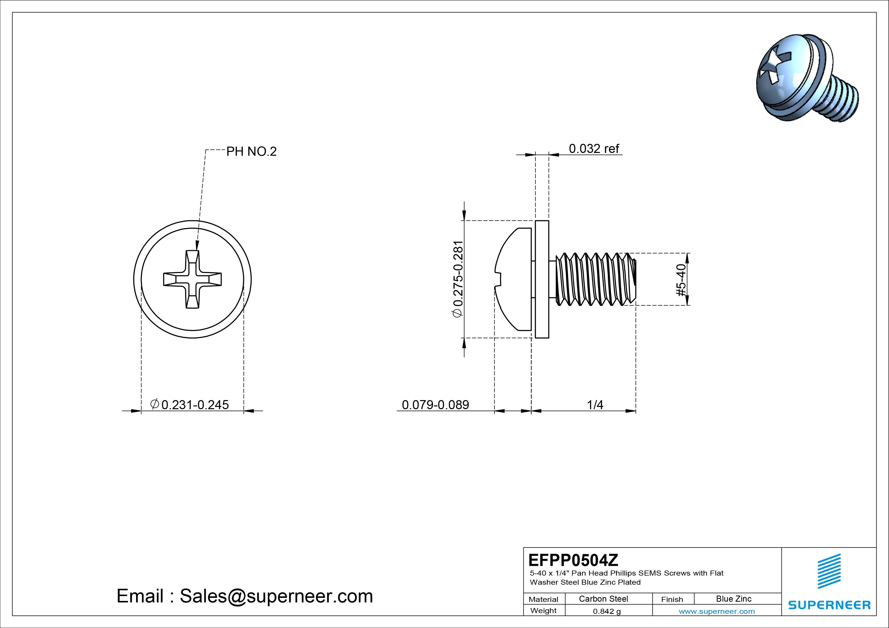 5-40 x 1/4" Pan Head Phillips SEMS Screws with Flat Washer Steel Blue Zinc Plated