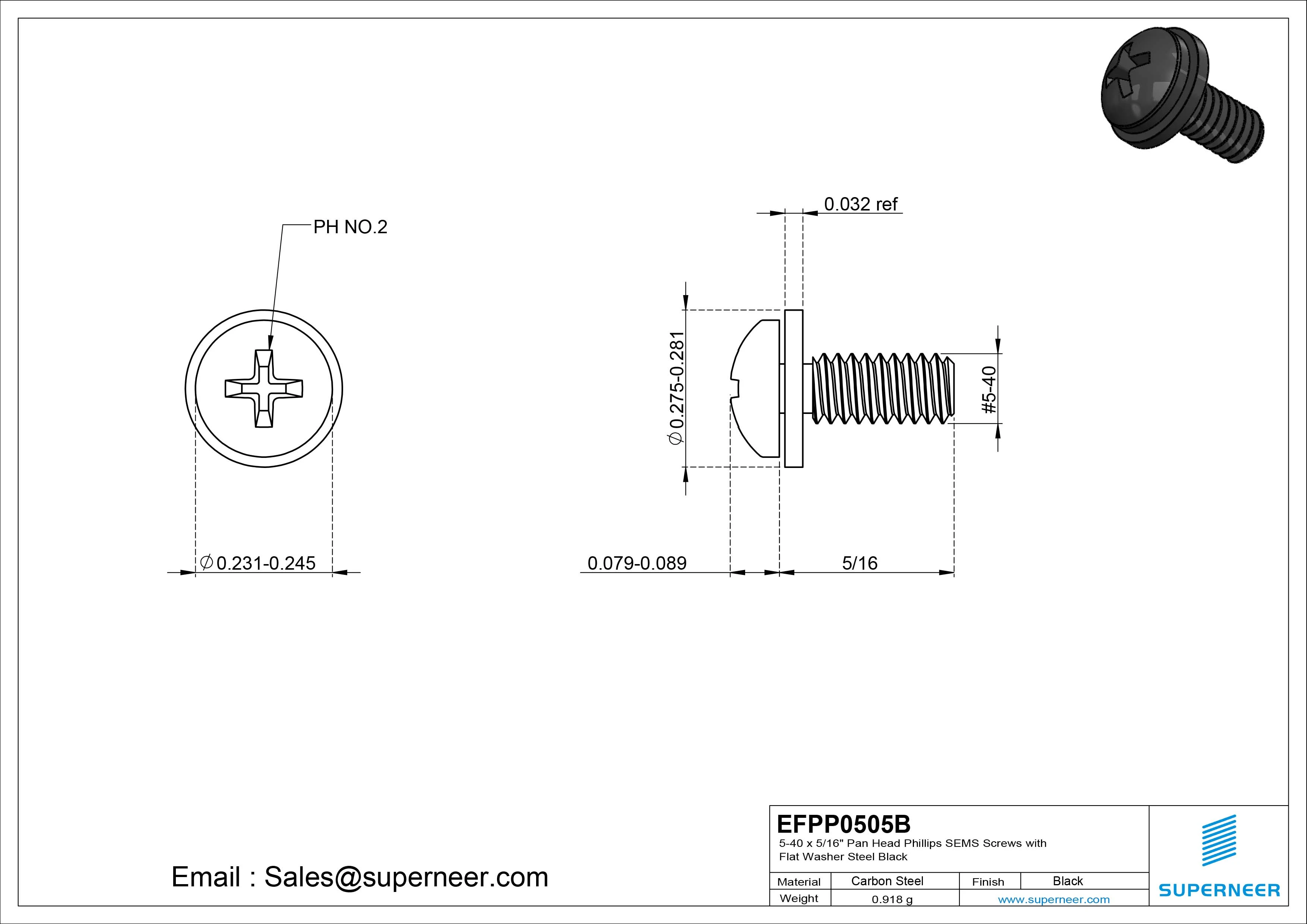 5-40 x 5/16" Pan Head Phillips SEMS Screws with Flat Washer Steel Black