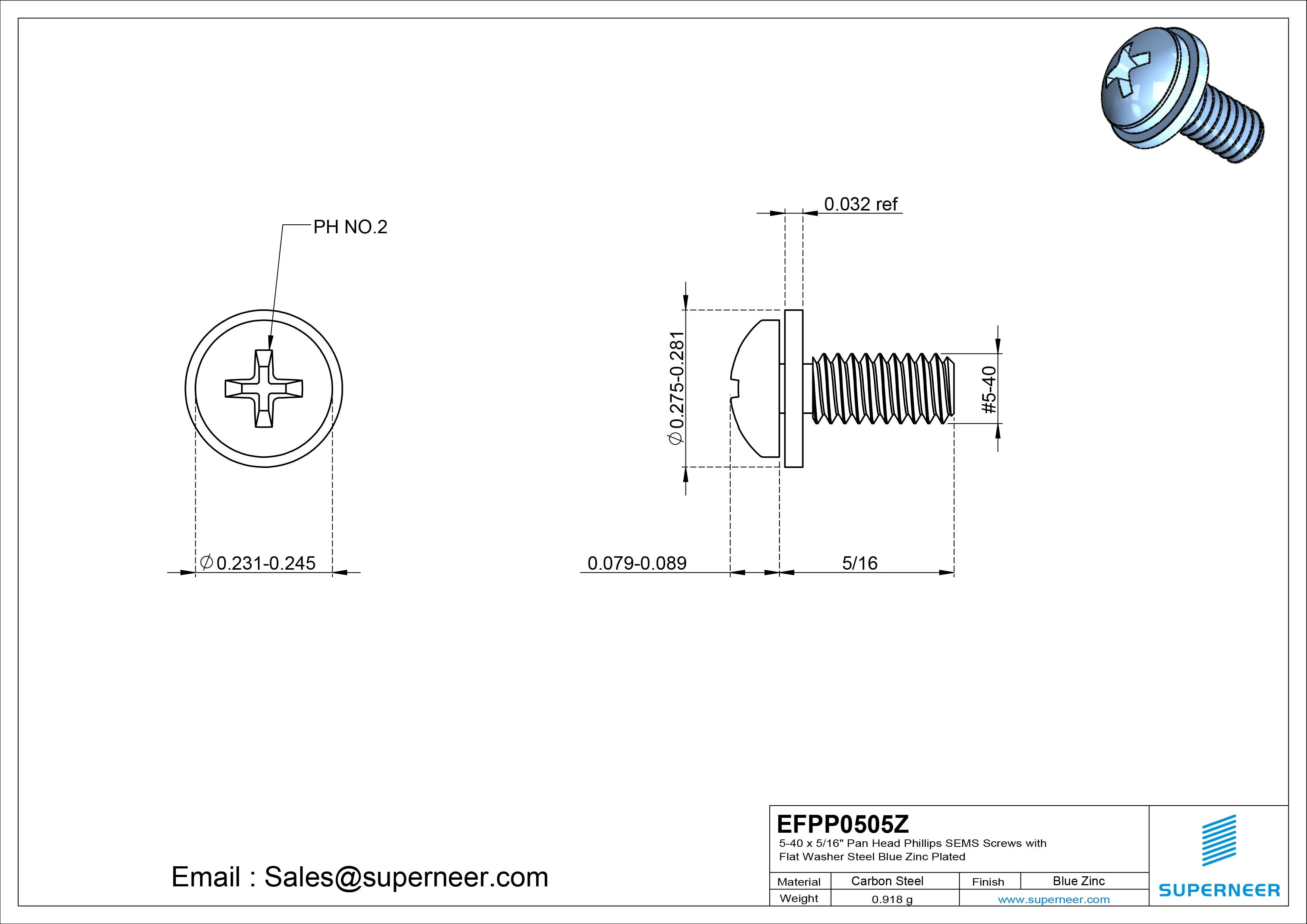 5-40 x 5/16" Pan Head Phillips SEMS Screws with Flat Washer Steel Blue Zinc Plated