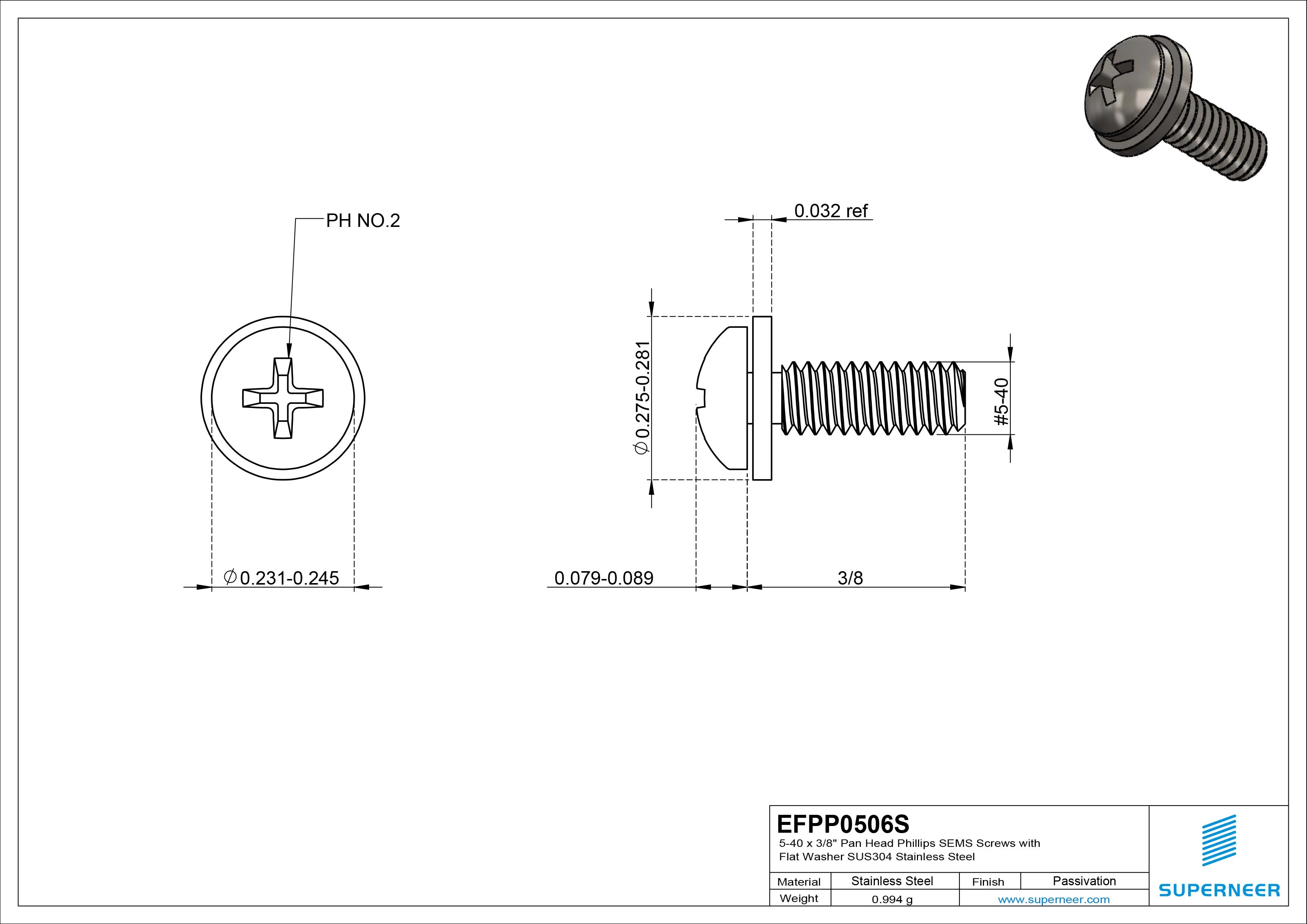 5-40 x 3/8" Pan Head Phillips SEMS Screws with Flat Washer SUS304 Stainless Steel Inox