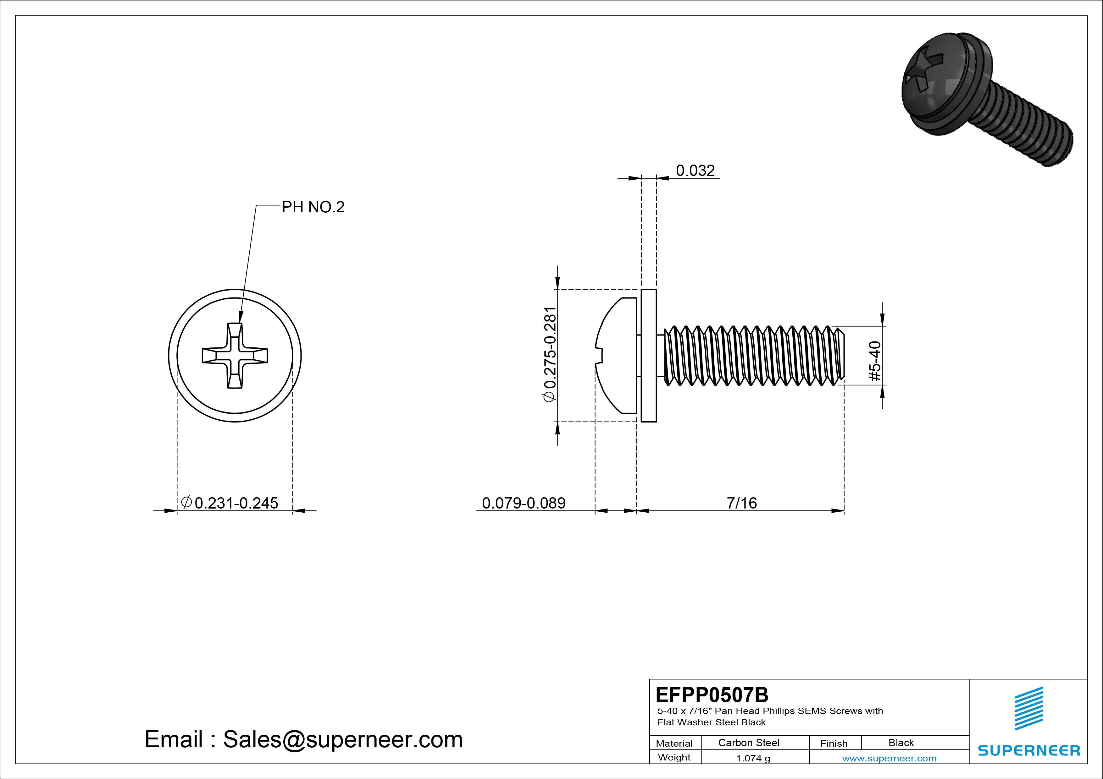 5-40 x 7/16" Pan Head Phillips SEMS Screws with Flat Washer Steel Black