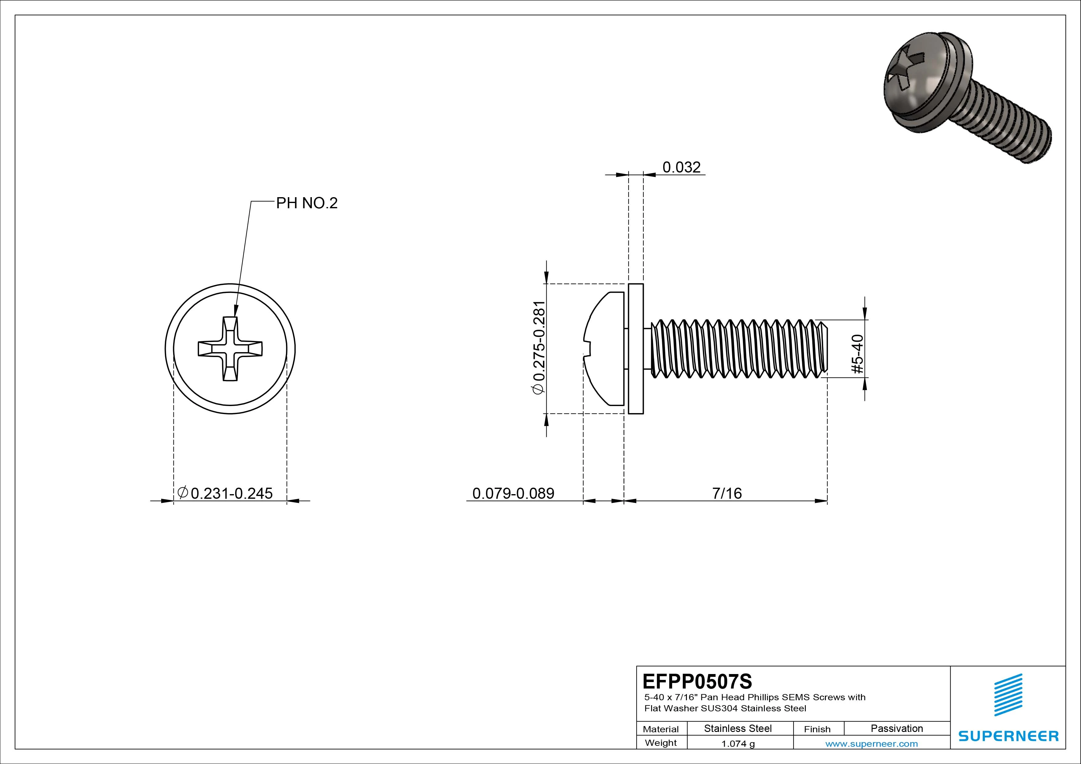 5-40 x 7/16" Pan Head Phillips SEMS Screws with Flat Washer SUS304 Stainless Steel Inox