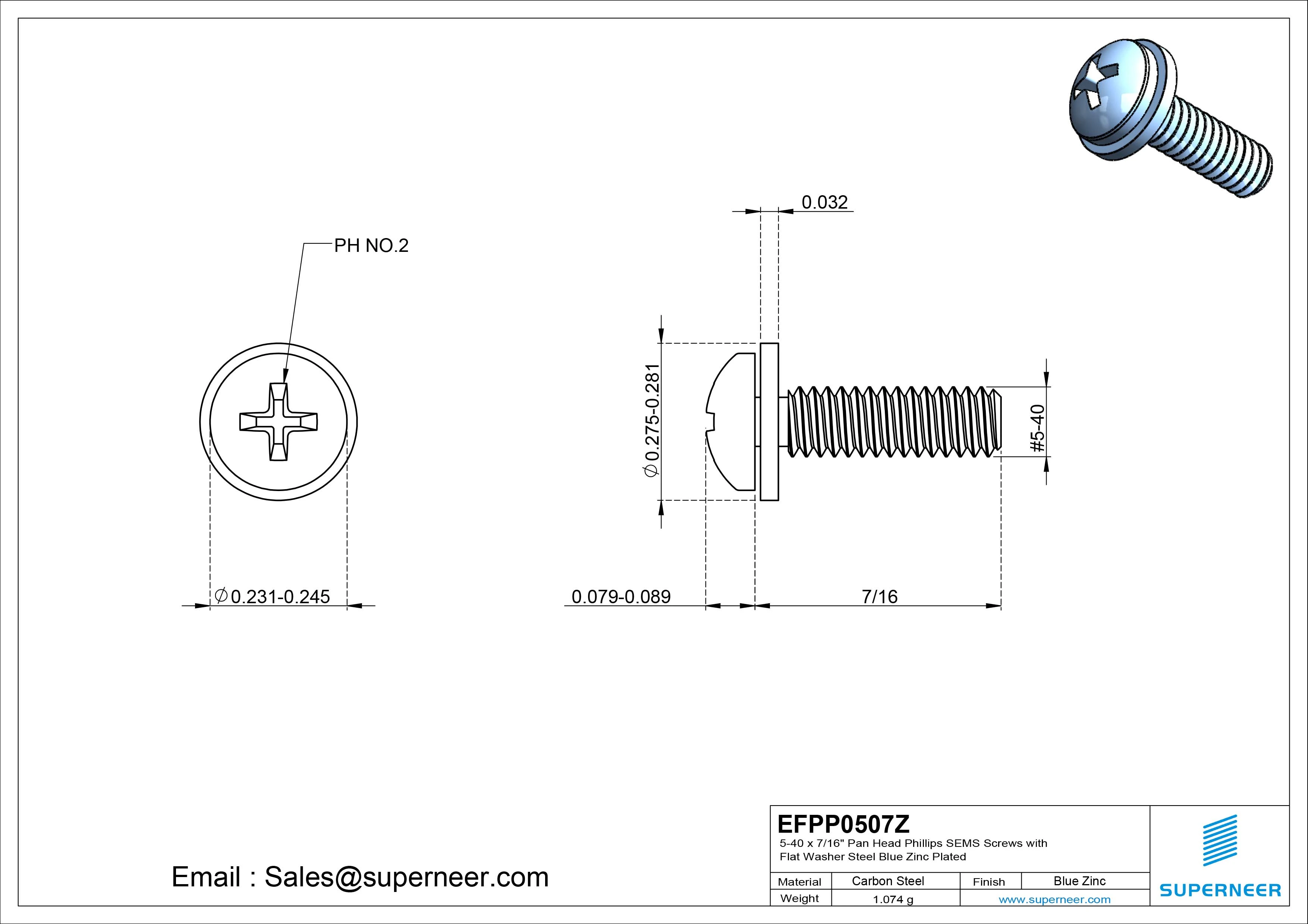 5-40 x 7/16" Pan Head Phillips SEMS Screws with Flat Washer Steel Blue Zinc Plated