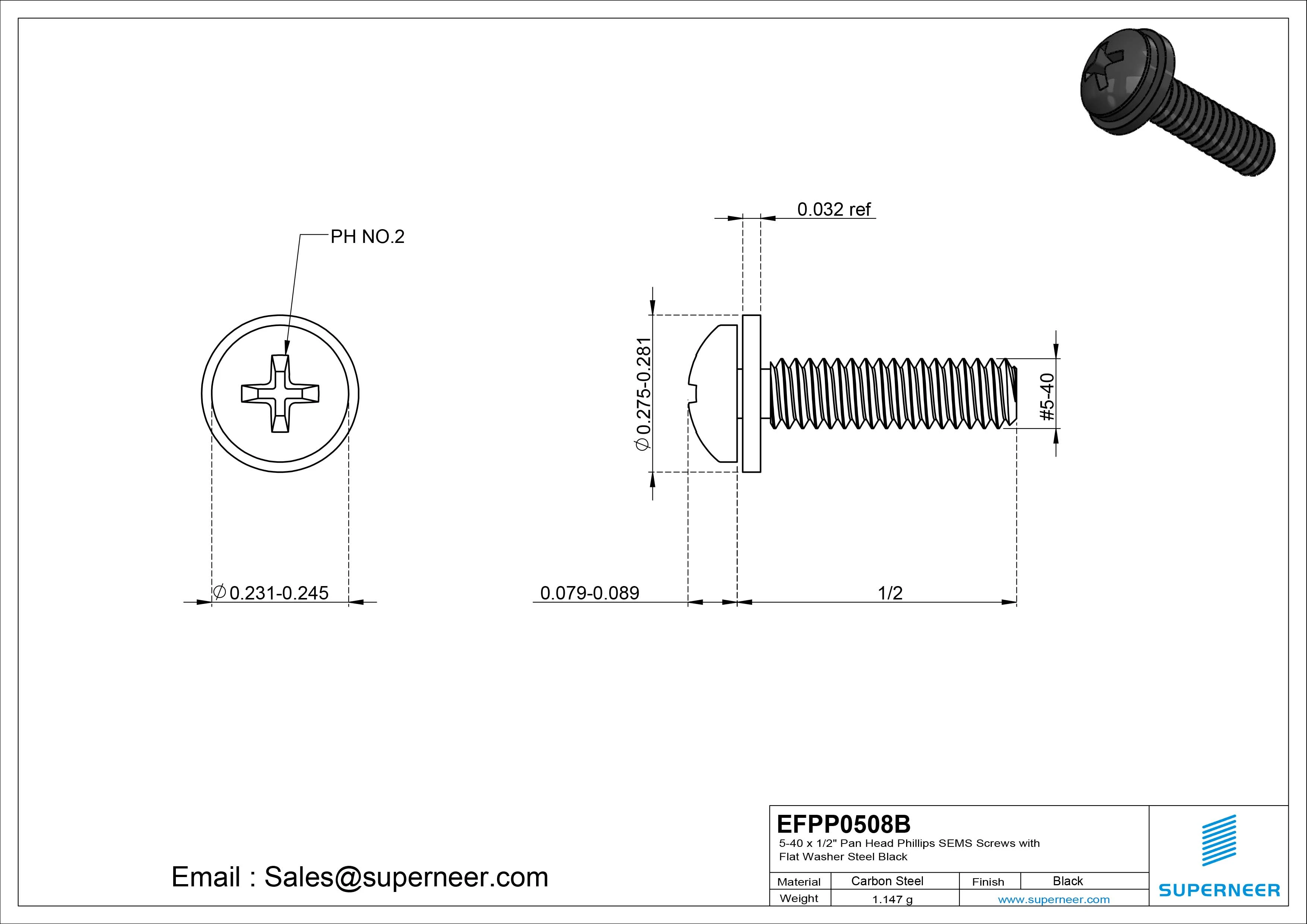 5-40 x 1/2" Pan Head Phillips SEMS Screws with Flat Washer Steel Black