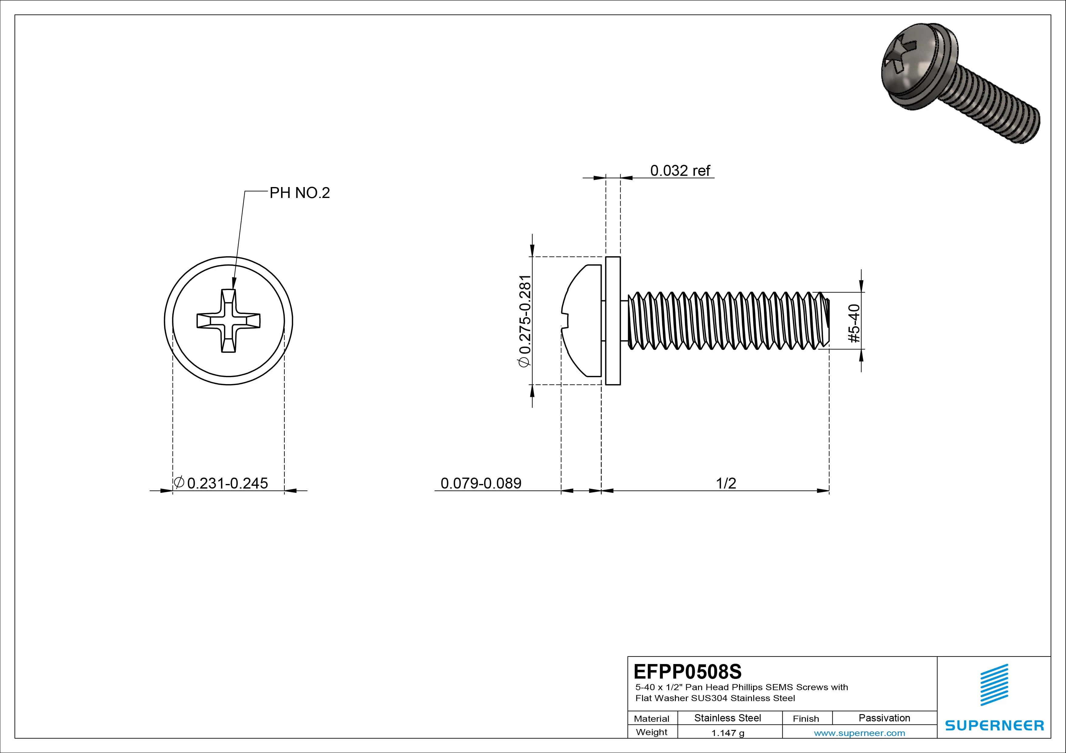 5-40 x 1/2" Pan Head Phillips SEMS Screws with Flat Washer SUS304 Stainless Steel Inox