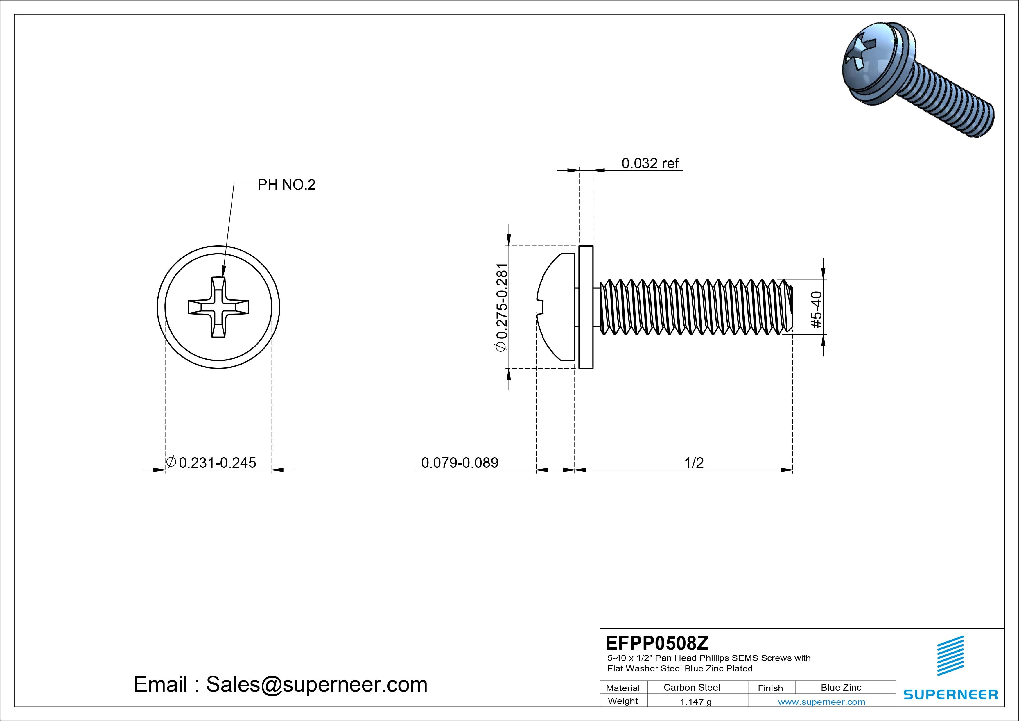 5-40 x 1/2" Pan Head Phillips SEMS Screws with Flat Washer Steel Blue Zinc Plated