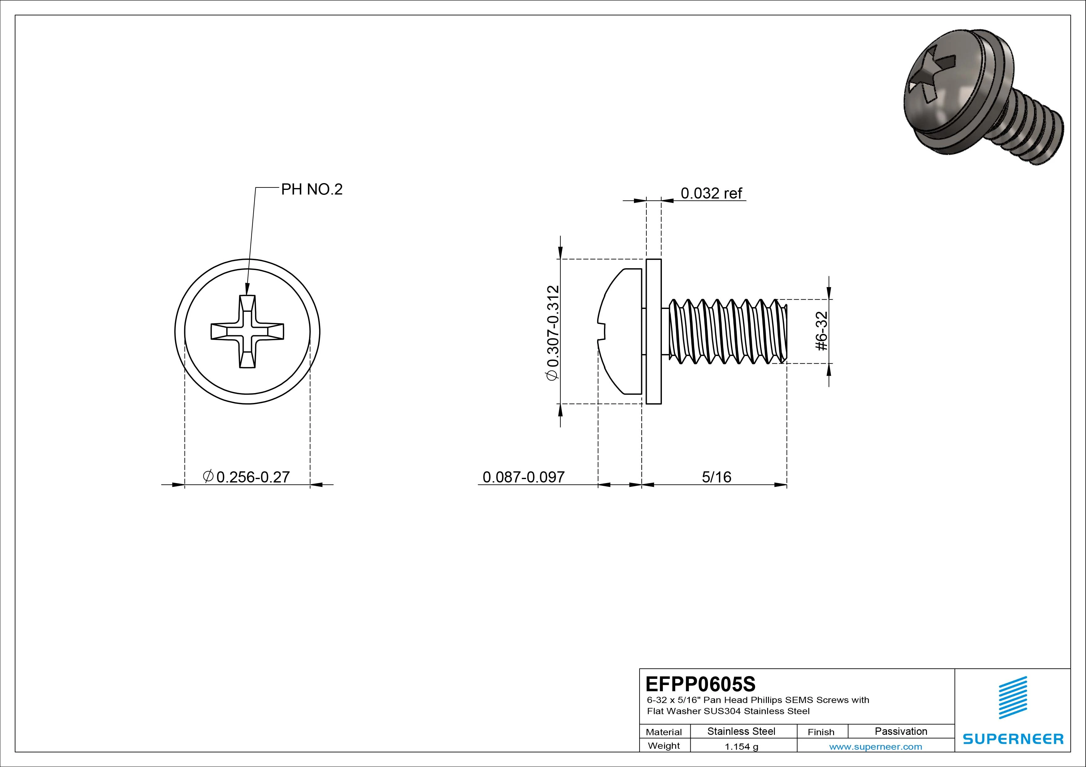 6-32 x 5/16" Pan Head Phillips SEMS Screws with Flat Washer SUS304 Stainless Steel Inox