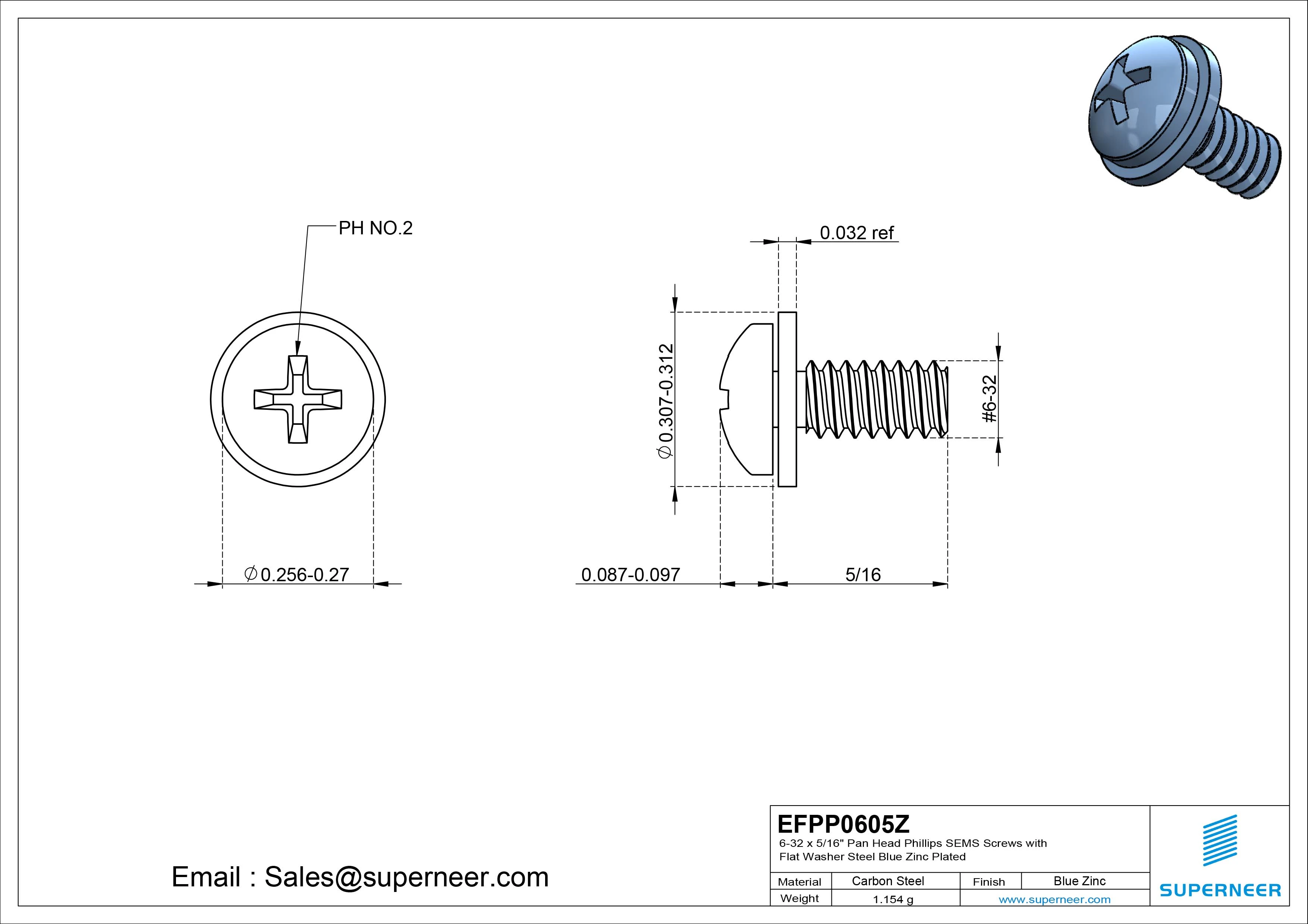 6-32 x 5/16" Pan Head Phillips SEMS Screws with Flat Washer Steel Blue Zinc Plated
