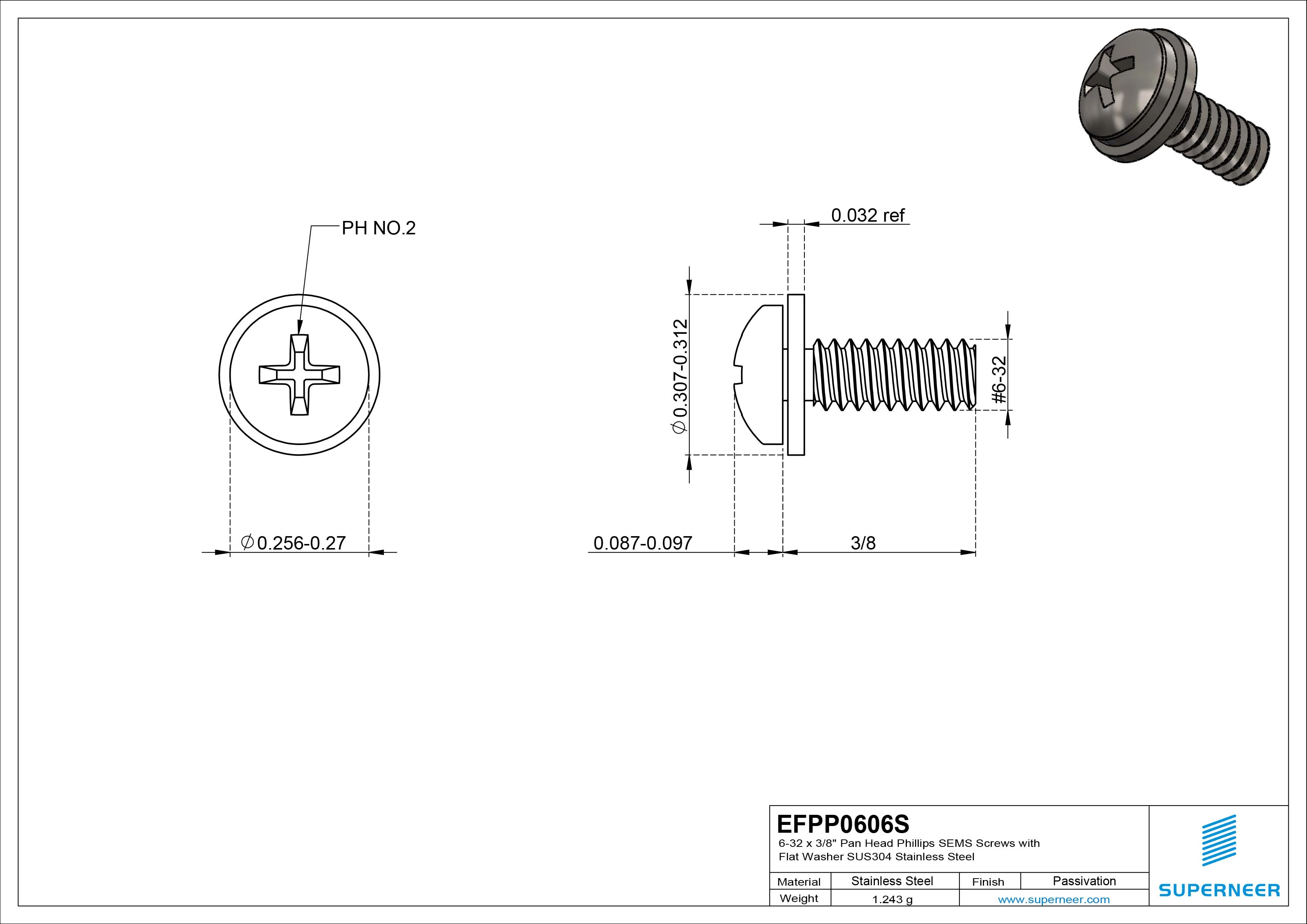 6-32 x 3/8" Pan Head Phillips SEMS Screws with Flat Washer SUS304 Stainless Steel Inox